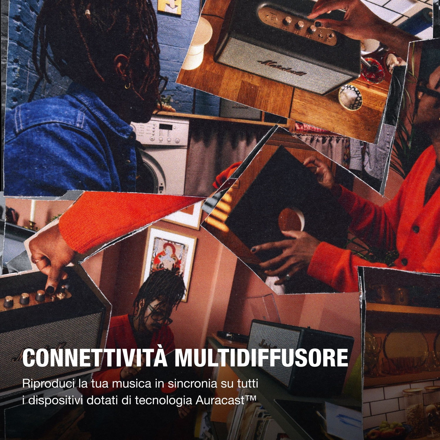Collage di persone, altoparlanti ed elettrodomestici.