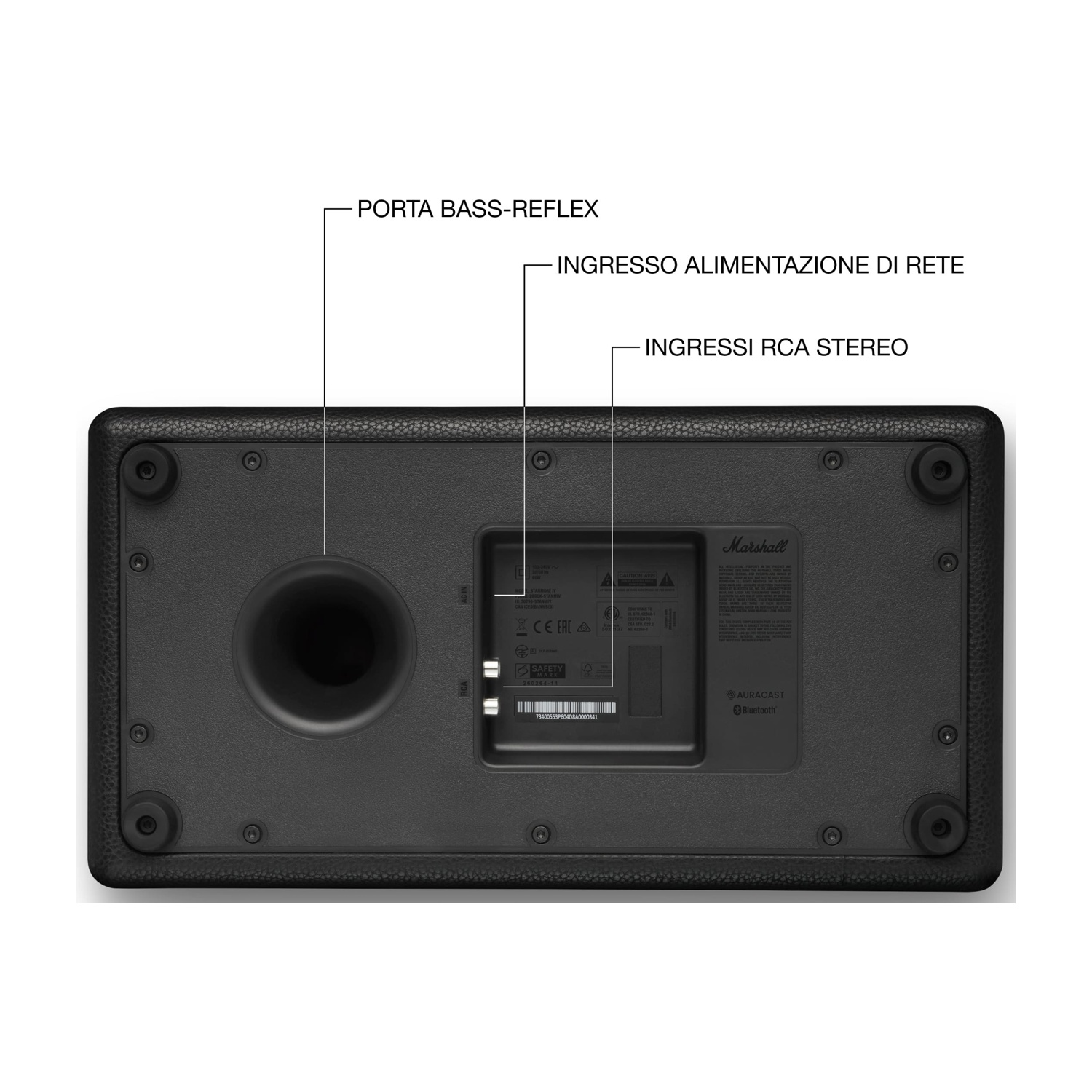 Retro altoparlante Marshall nero con porte: bass reflex, alimentazione, stereo RCA.