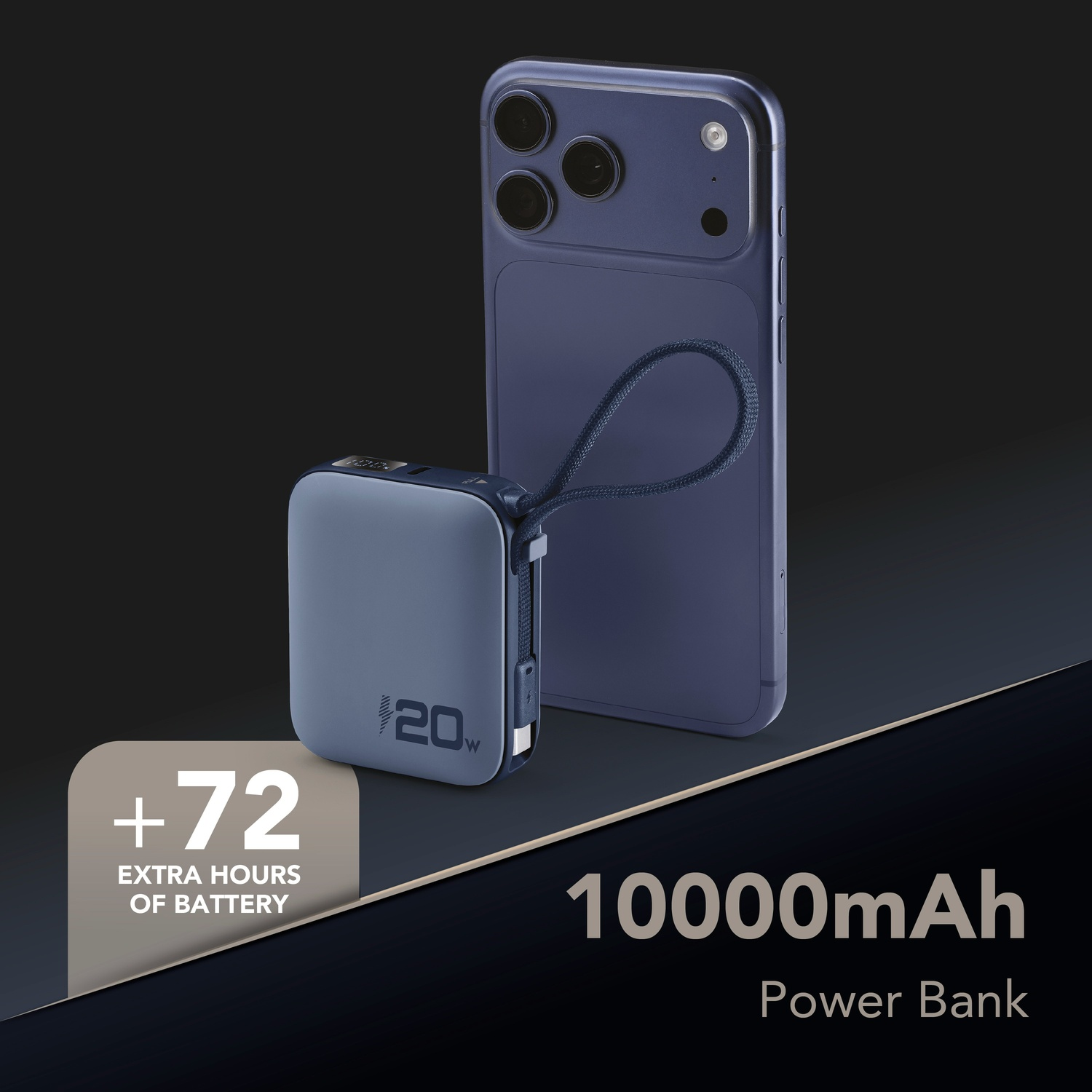 Vengono mostrati un power bank blu e un iPhone. Il testo pubblicizza 10000mAh e +72 ore di batteria.