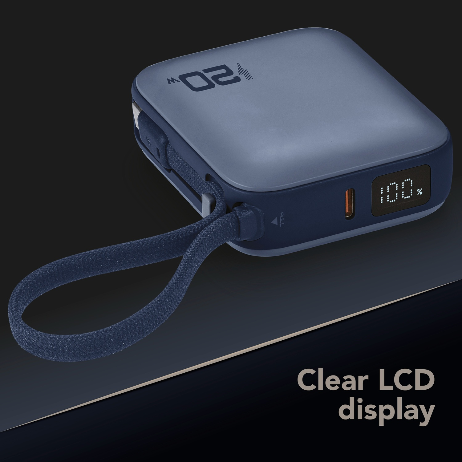 Power bank blu con indicatore 20W e 100% di batteria su LCD.