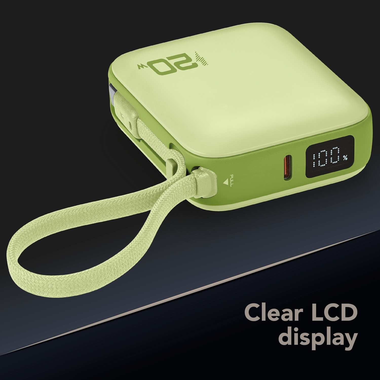 Power bank verde da 20W con display al 100%, con cordino.