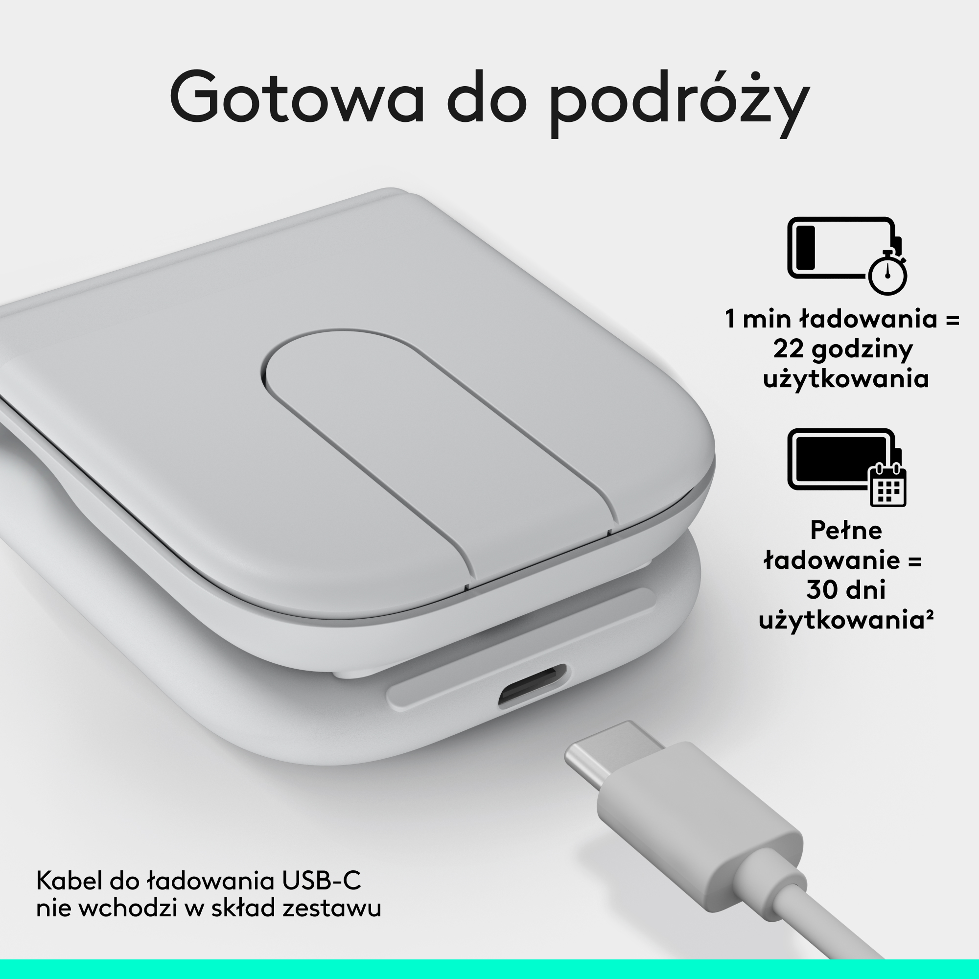 Szare urządzenie z portem USB-C i wskaźnikiem ładowania.