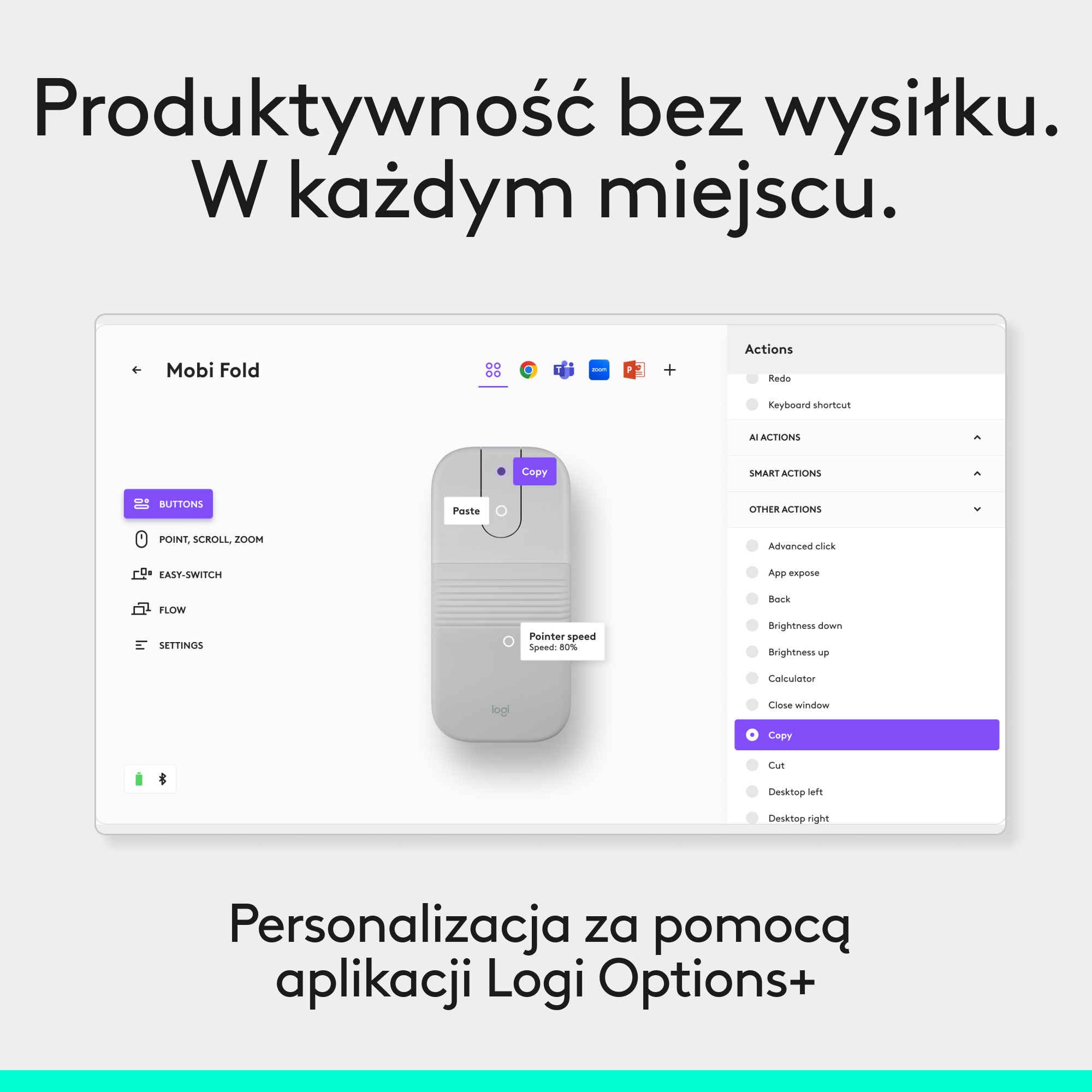 Jasnoszara mysz jest wyświetlana na środku, z opcjami oprogramowania dla działań „Kopiuj” i „Wklej”.