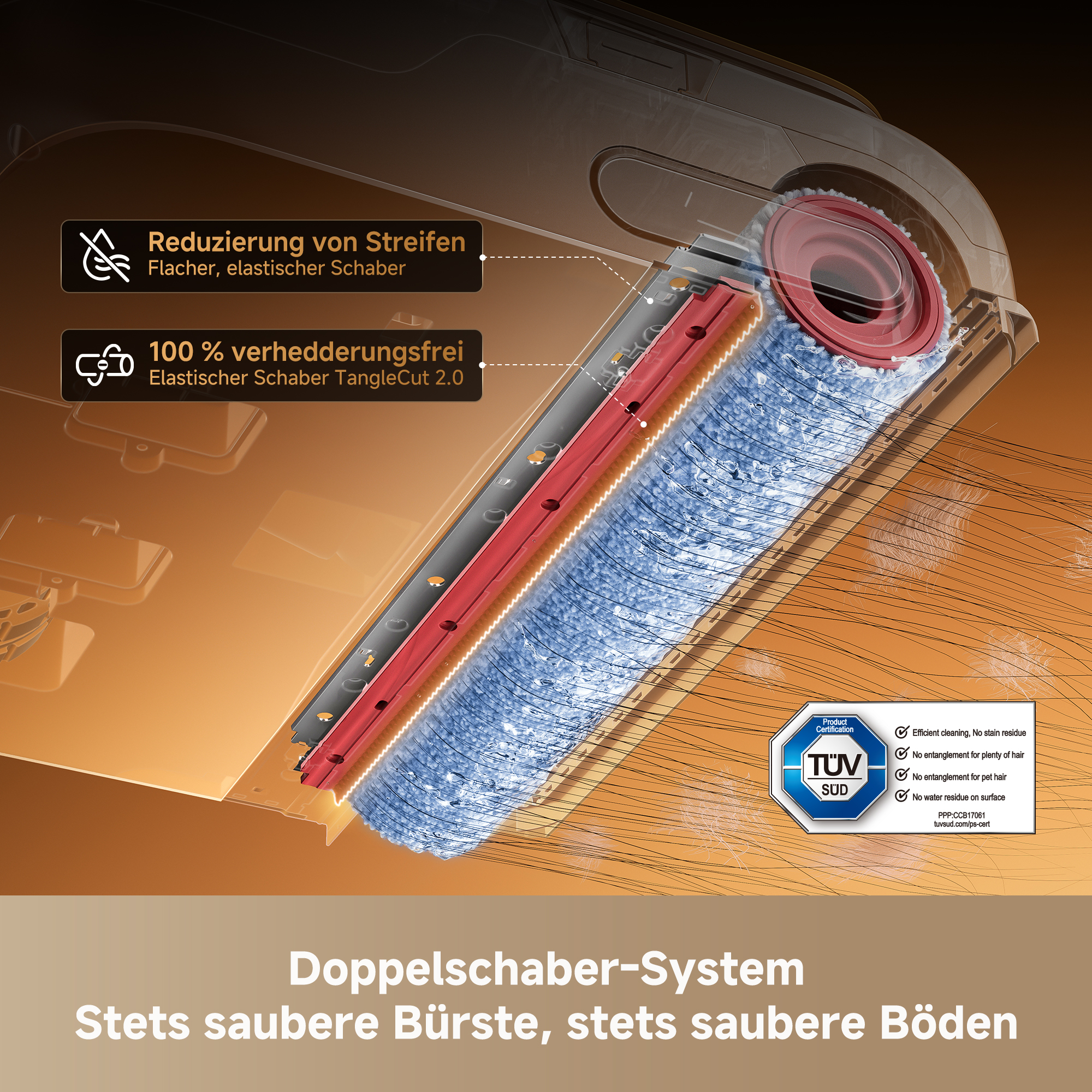 Detailansicht eines Staubsaugerkopfs mit Bürsten und Wasserverteilung. Zertifizierungssiegel.