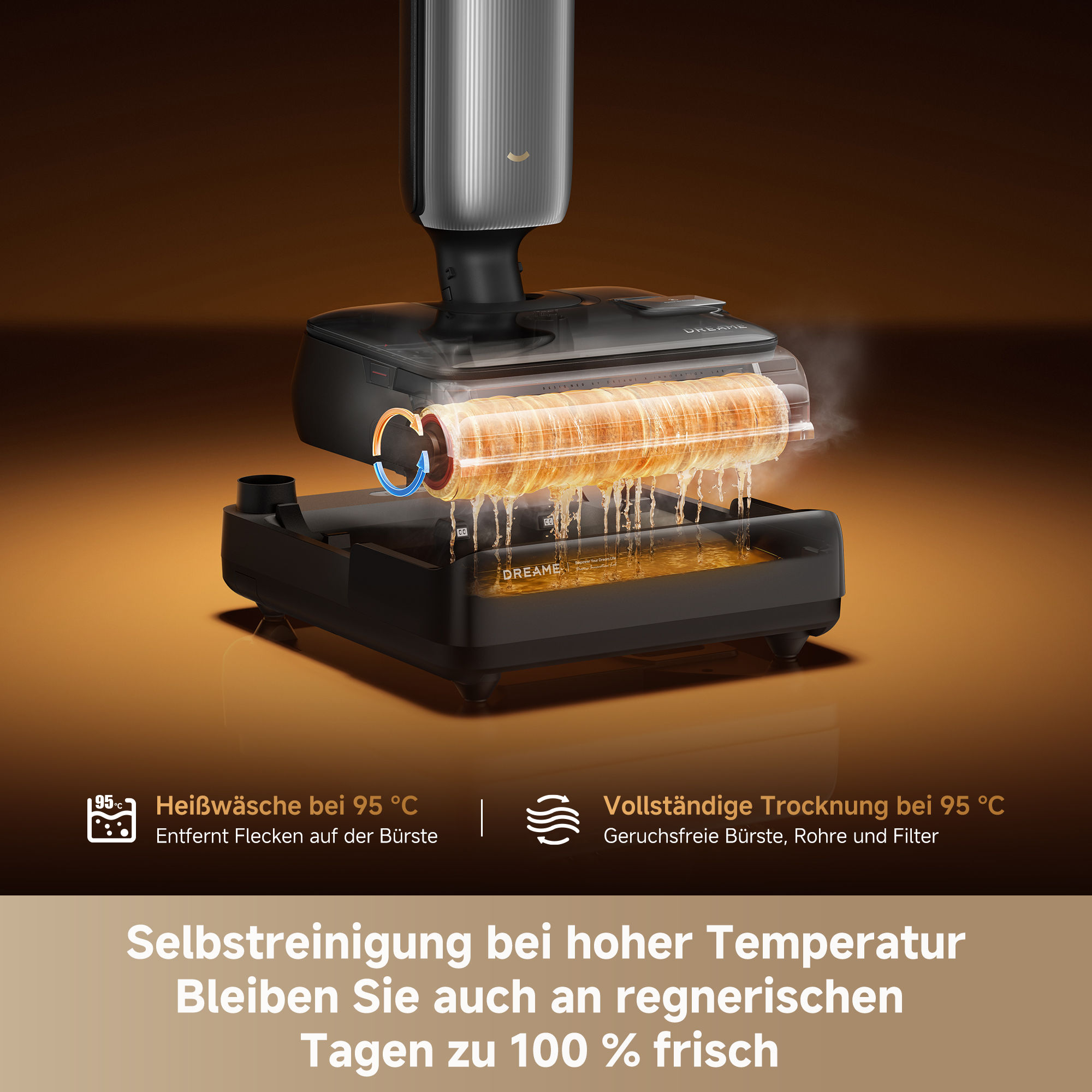 Reinigungsgerät mit rotierender Bürste, die bei 95°C heiß gewaschen und getrocknet wird.