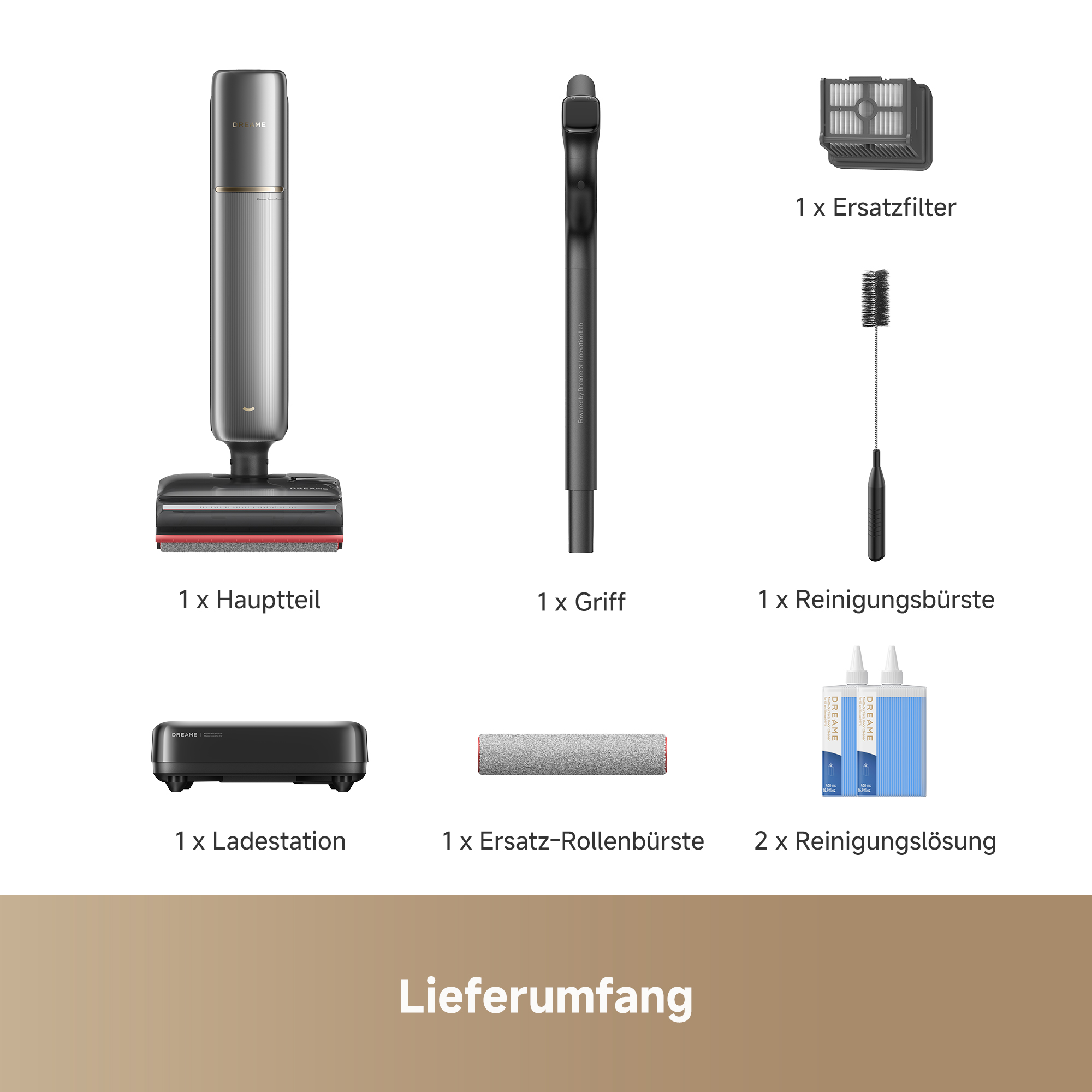 Ein Staubsaugerhauptteil, Griff, Ersatzfilter, Reinigungsbürste, Ladestation, Ersatzrolle und Reinigungslösung.