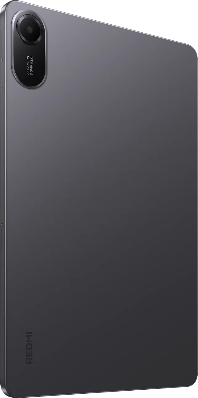 Szürke tablet hátoldala ovális kameraszigettel és Redmi logóval.