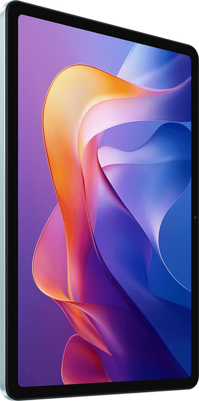 Világoskék tablet színes, absztrakt háttérképpel.
