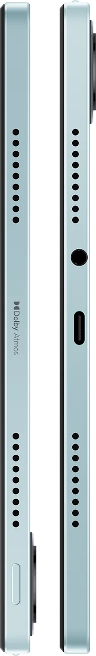 Világoskék okostelefon oldalnézetben, hangszórórácsokkal, USB-C porttal és Dolby Atmos logóval.