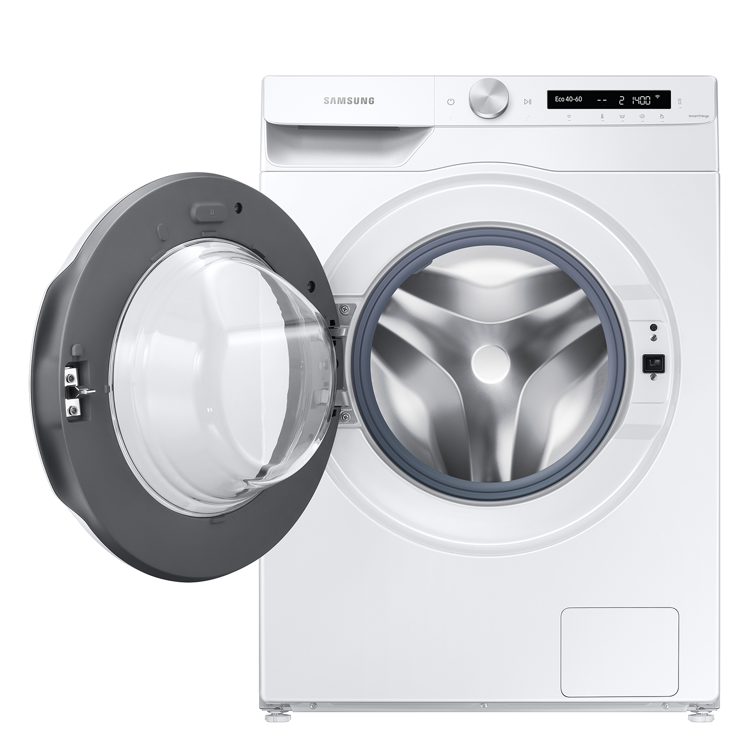Lavadora Samsung blanca con puerta abierta, pantalla digital mostrando Eco 40-60.