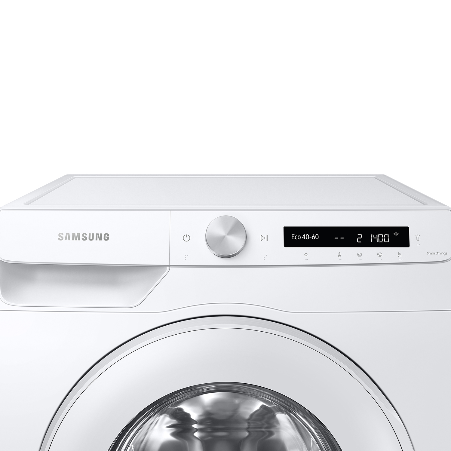 Primer plano de un panel de control y puerta de lavadora Samsung blanca.
