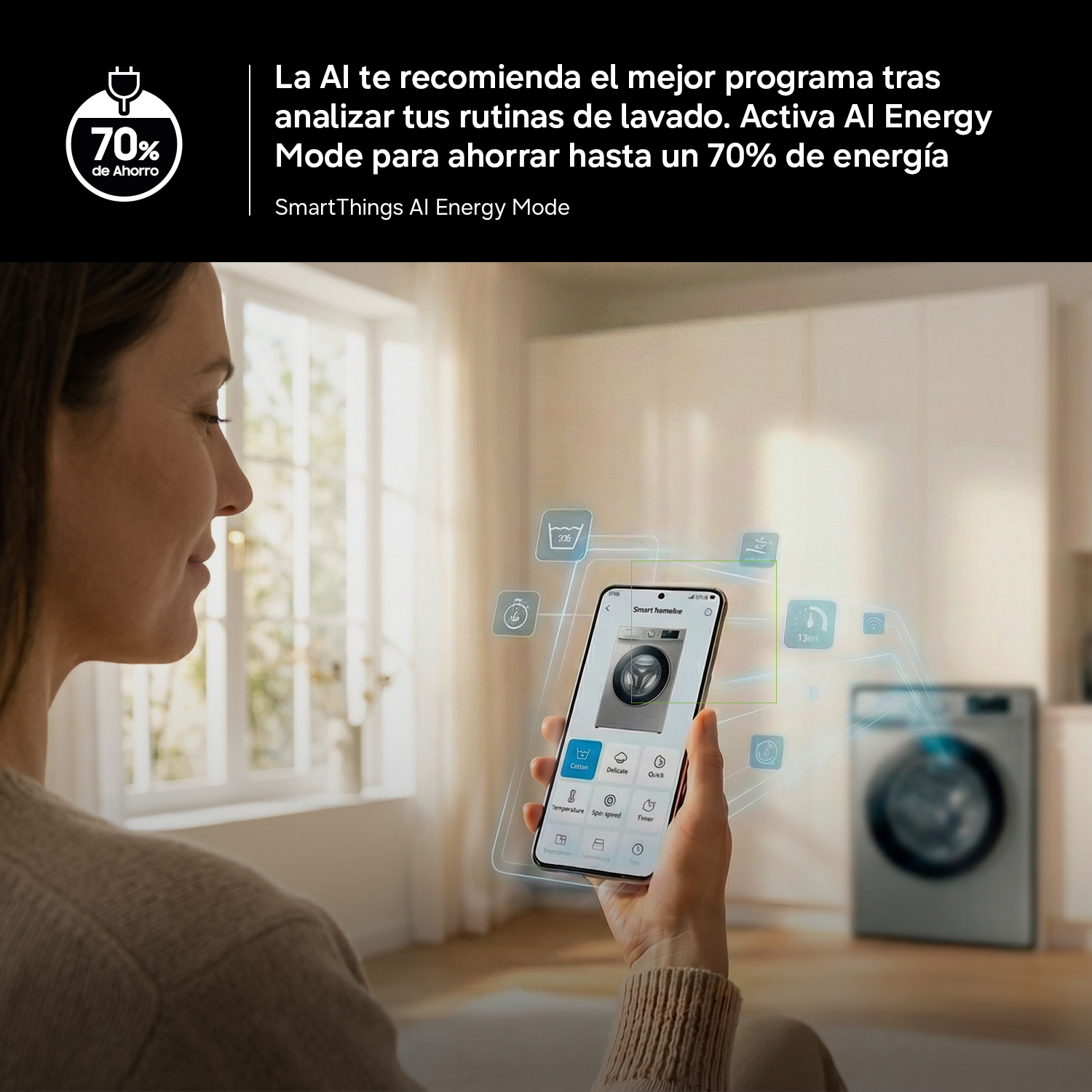 Mujer sostiene smartphone con app lavadora. Icono de ahorro energético a la izquierda.