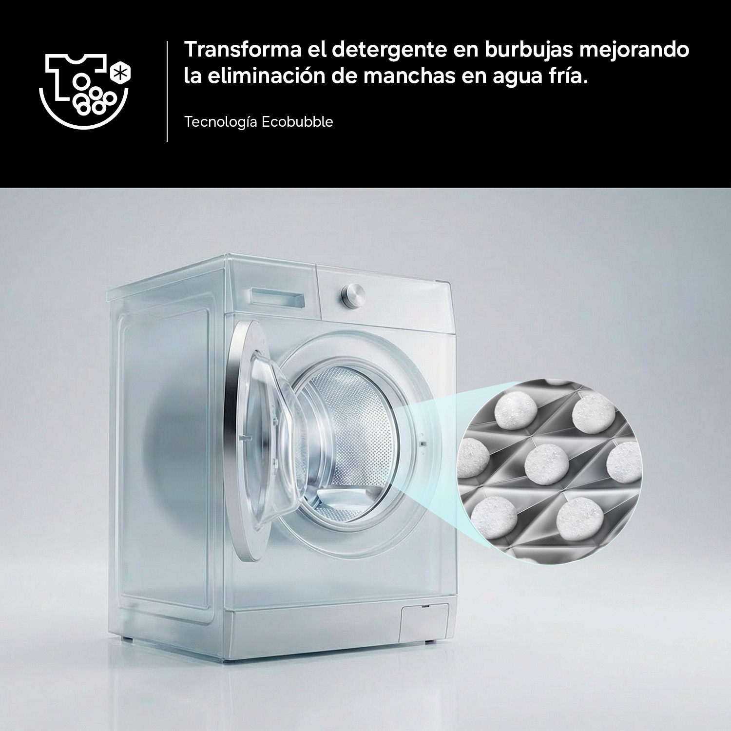 Lavadora blanca con puerta abierta, vista ampliada de la tecnología Ecobubble.
