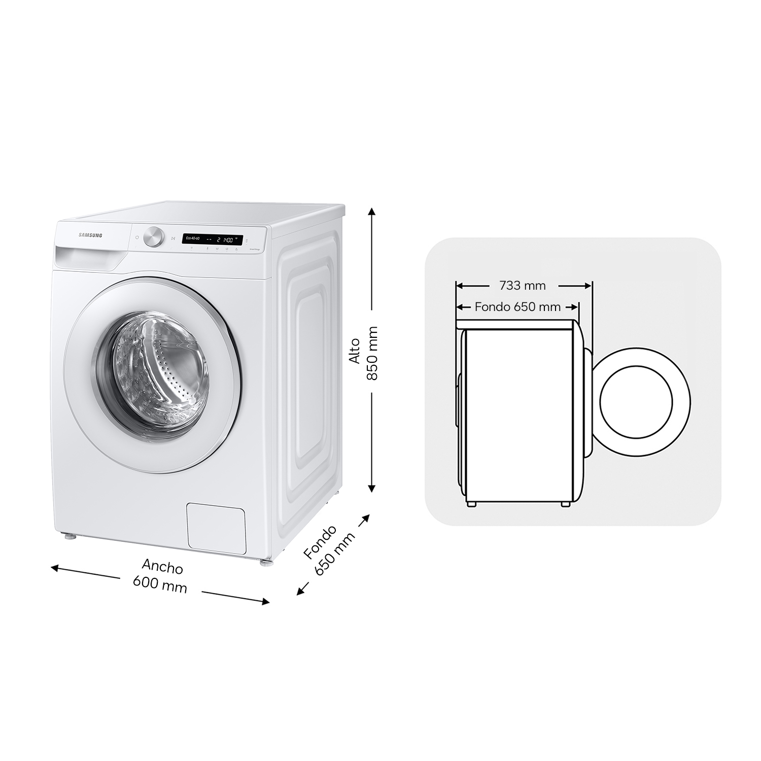 Lavadora Samsung blanca con dimensiones: 85cm alto, 60cm ancho, 65cm fondo.
