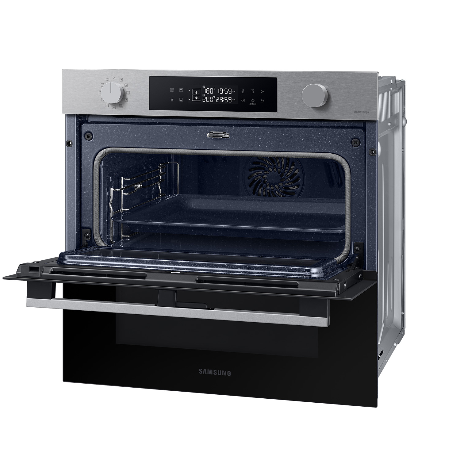 Horno Samsung abierto con pantalla digital, mando y rejilla dentro.