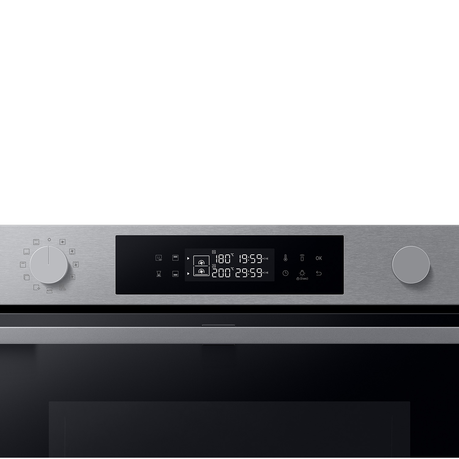 Panel de control del horno con pantalla digital que muestra temperaturas y temporizador. Pomo plateado.
