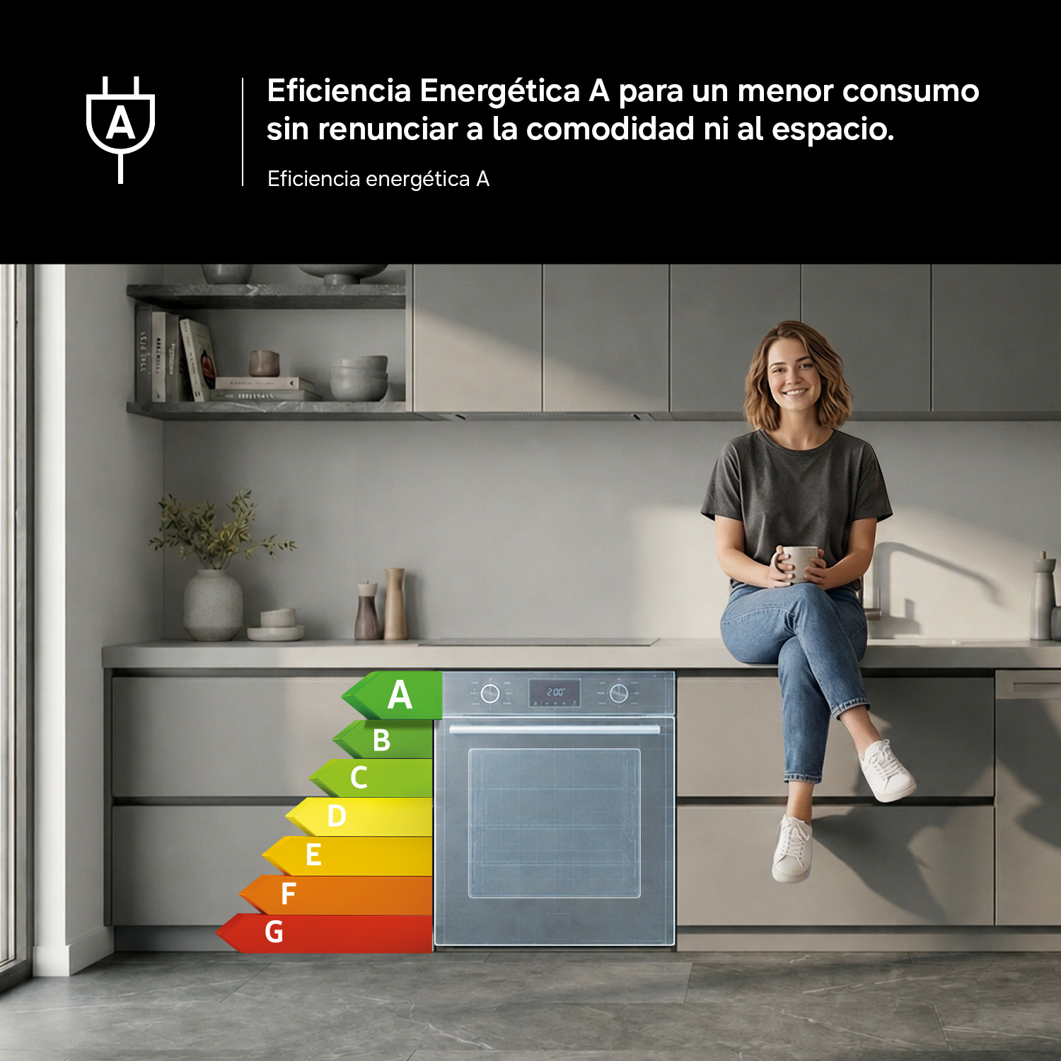 Mujer sentada en encimera de cocina junto a horno con etiqueta A.