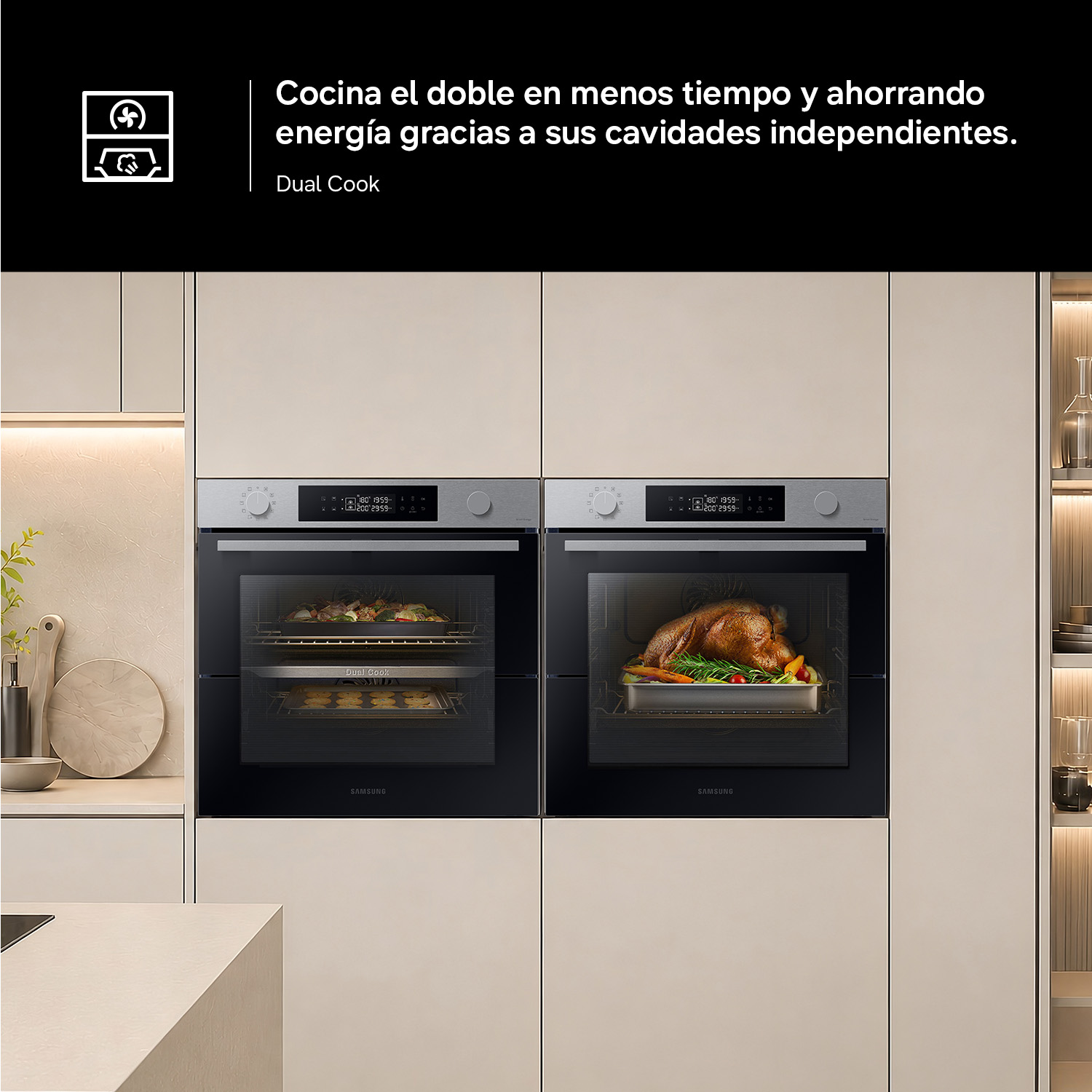 Dos hornos Samsung. Izquierda: verduras y cazuela. Derecha: pollo asado.