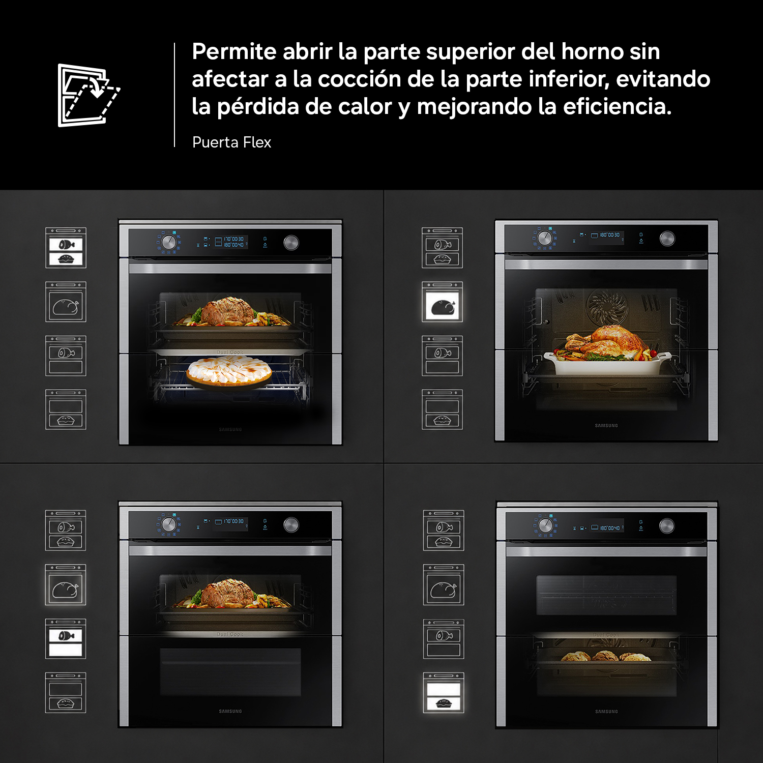 Cuatro hornos con puerta flexible, habilitando zonas de doble cocción. Uno con asado, otro con pastel.