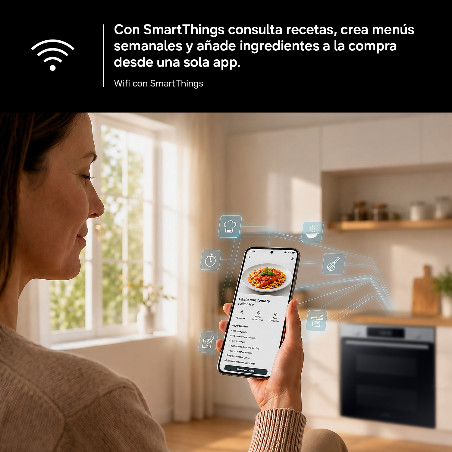 Una mujer sostiene un smartphone con una receta de pasta. Una cocina al fondo. Icono de Wi-Fi.