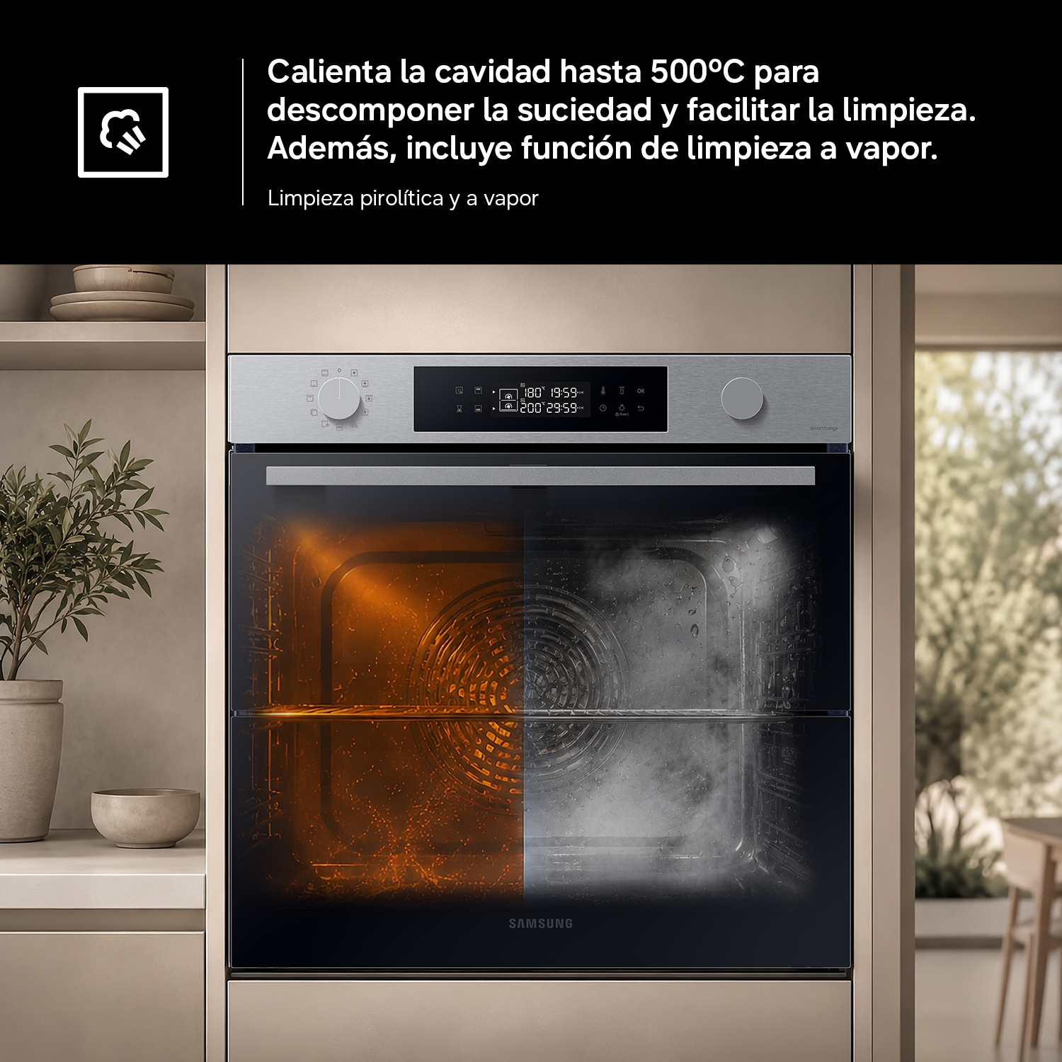 Horno con limpieza pirolítica y a vapor. Interior muestra ambos modos de limpieza.