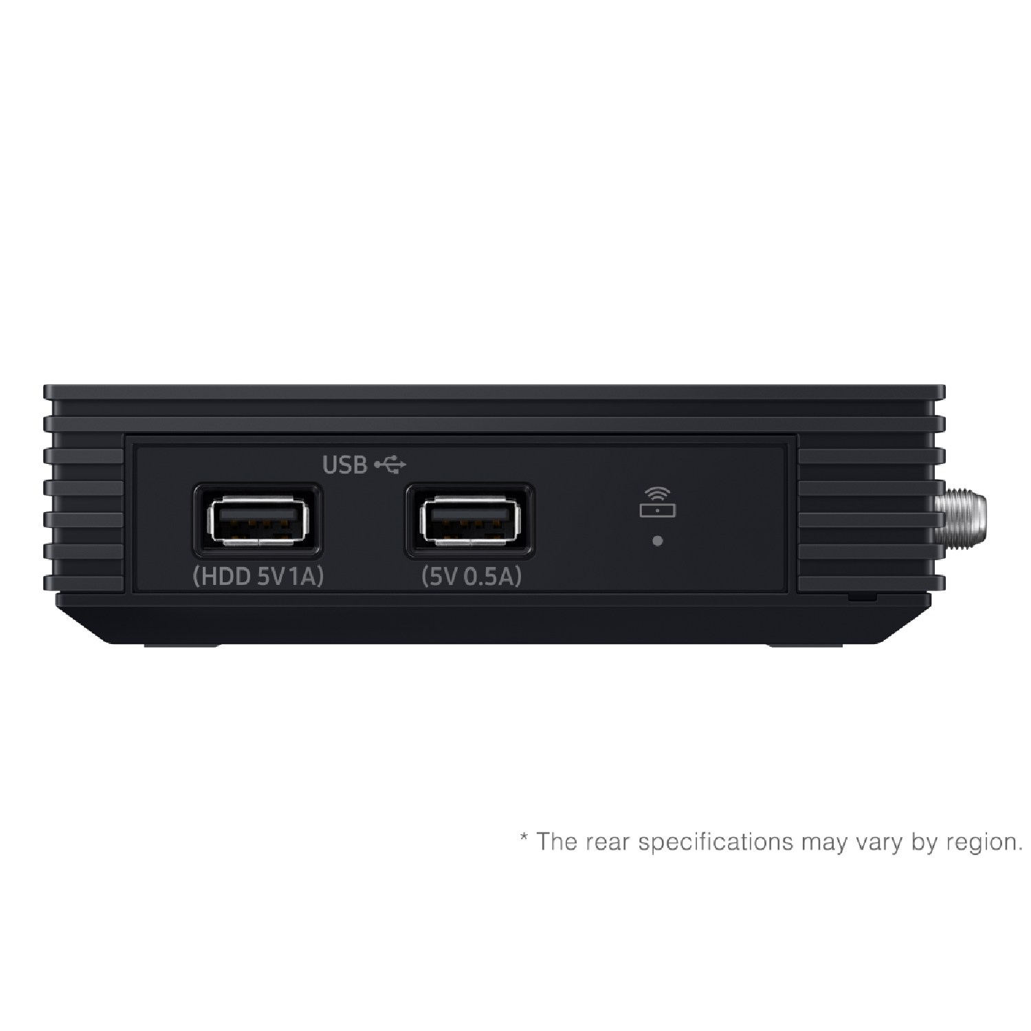 Dispositivo negro con dos puertos USB y un conector de antena.