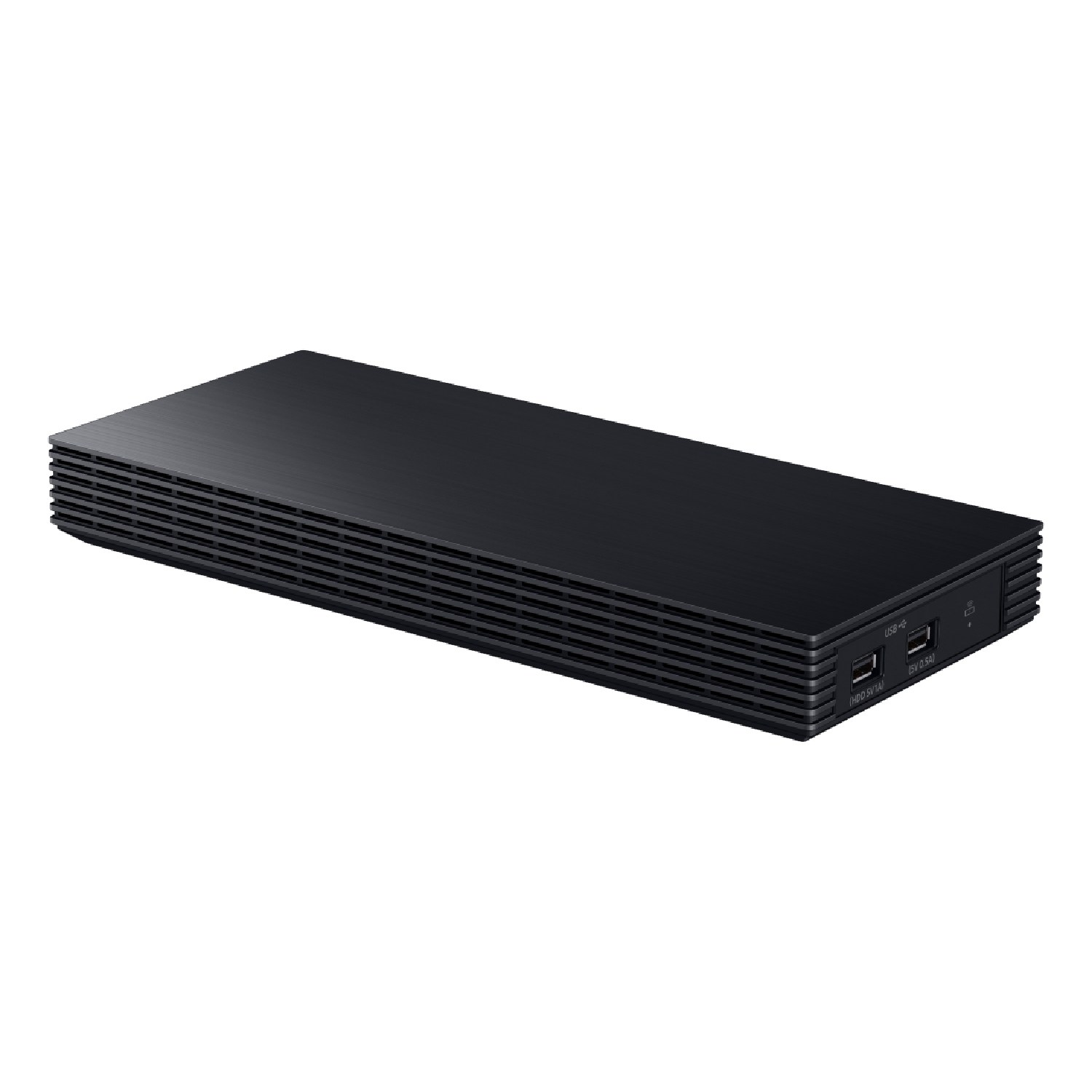 Dispositivo electrónico rectangular negro con rejillas y puertos USB en el lateral.