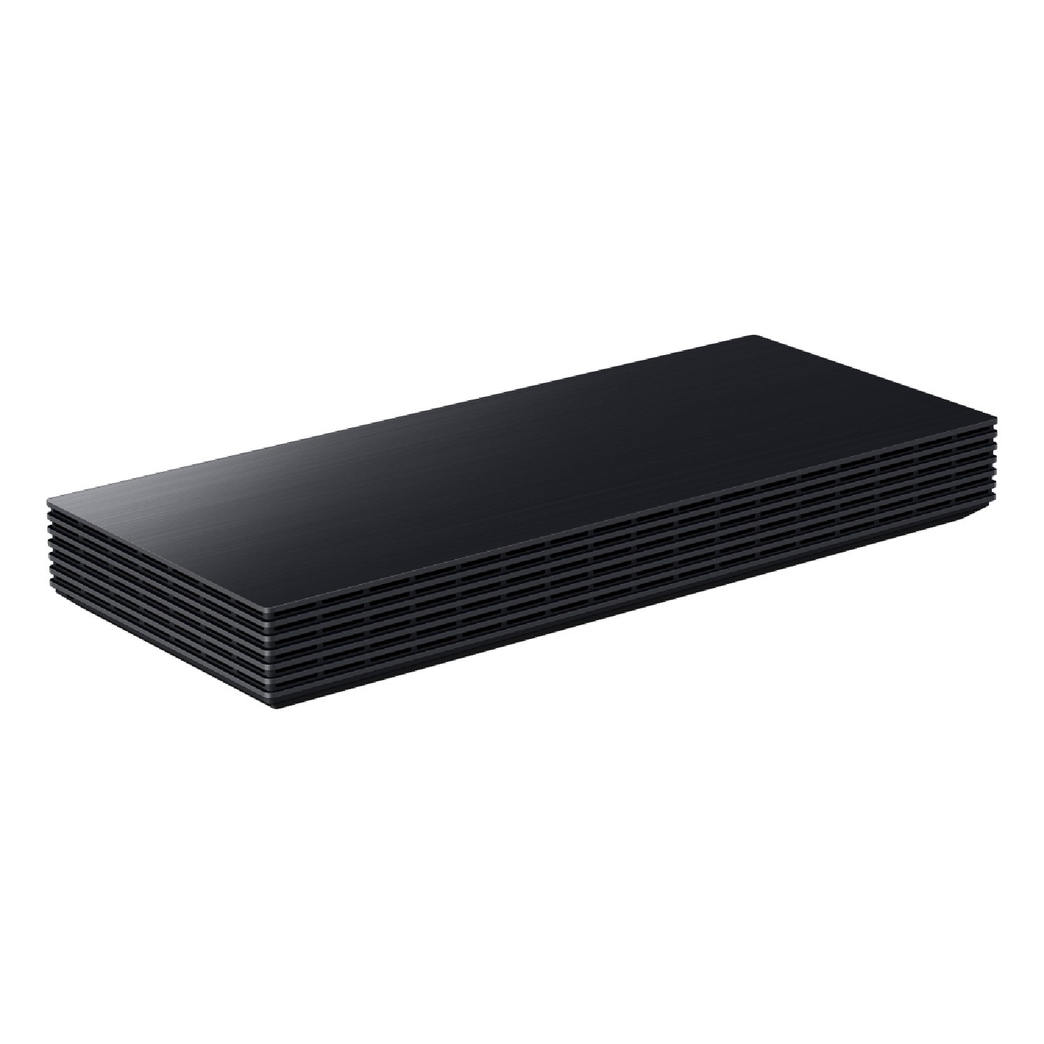 Un dispositivo rectangular negro y elegante con ranuras de ventilación.