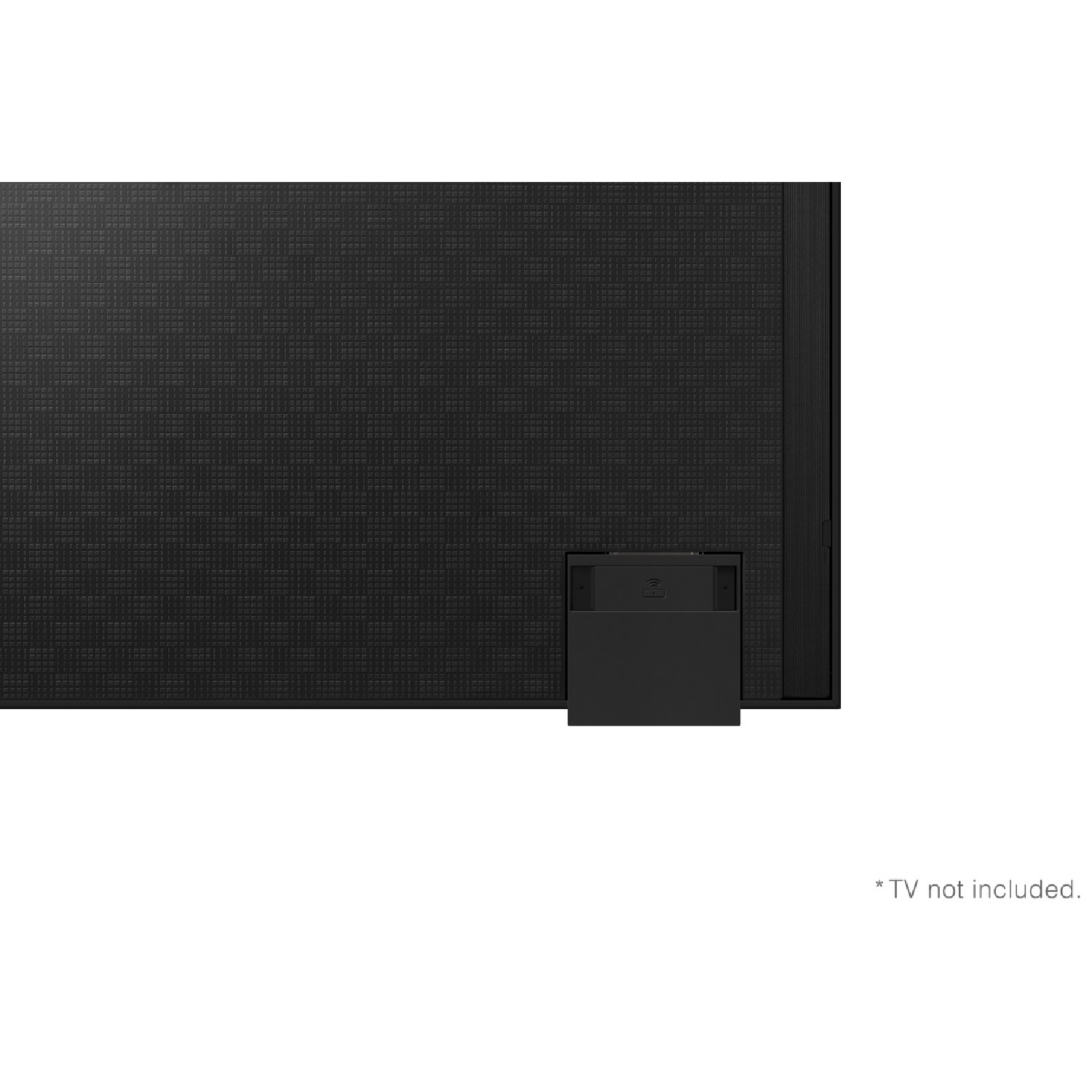 Primer plano de un televisor negro con el soporte quitado. Texto: TV no incluida.