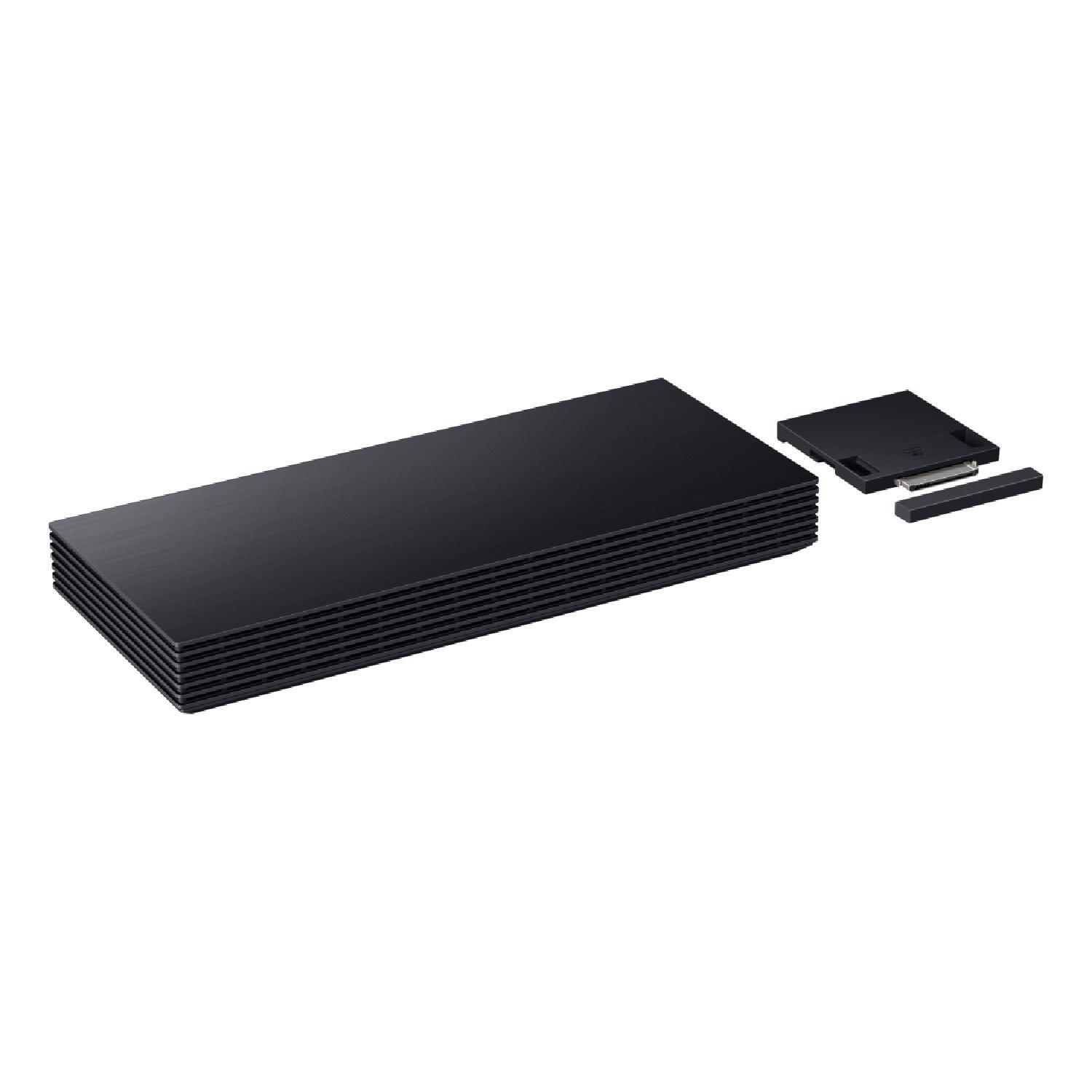 Un dispositivo electrónico negro y rectangular con ranuras de ventilación al lado.