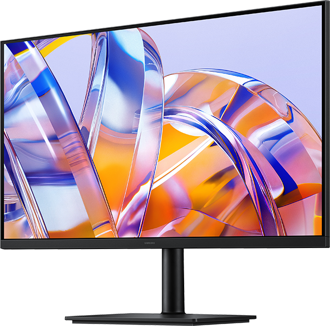 Un moderno monitor nero che visualizza uno sfondo astratto e colorato.