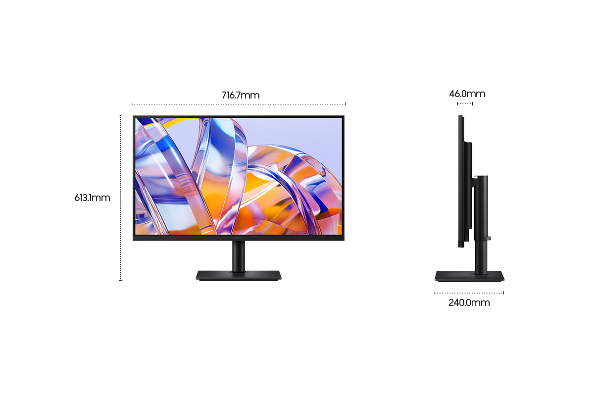 Un monitor nero con grafica astratta colorata, vista laterale e dimensioni.