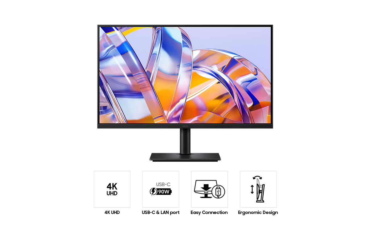 Un monitor nero con 4K UHD, USB-C 90W, connessione facile e design ergonomico.