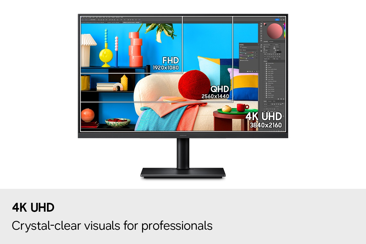 Un monitor mostra diverse risoluzioni: FHD, QHD e 4K UHD.