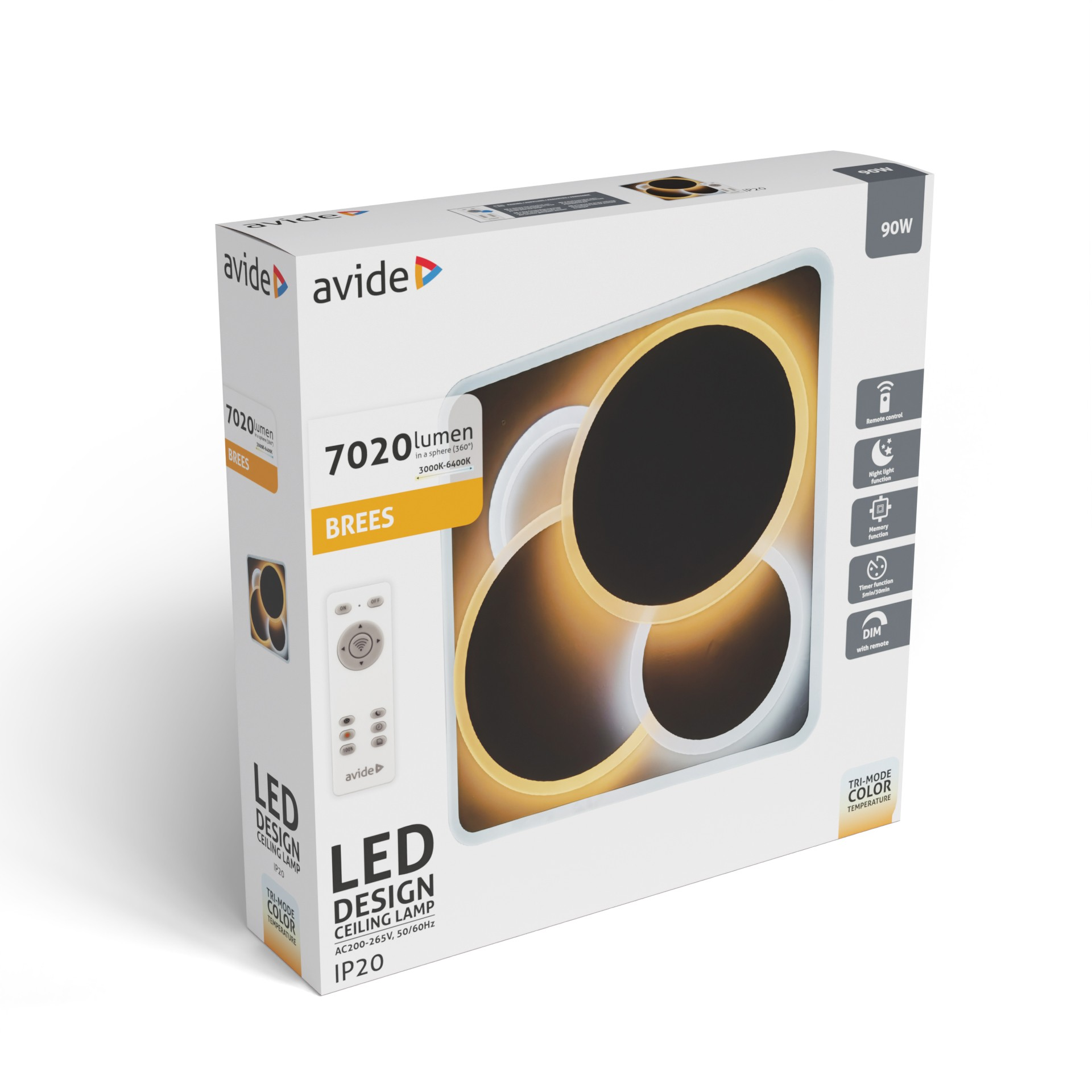 LED mennyezeti lámpa csomagolása távirányítóval és három körrel.