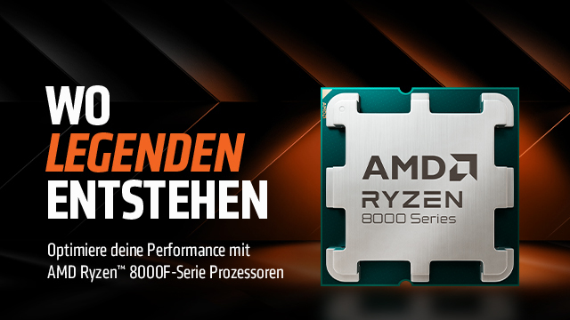 AMD Ryzen 8000F CPU mit "Wo Legenden Entstehen" Schriftzug auf dunklem Hintergrund.