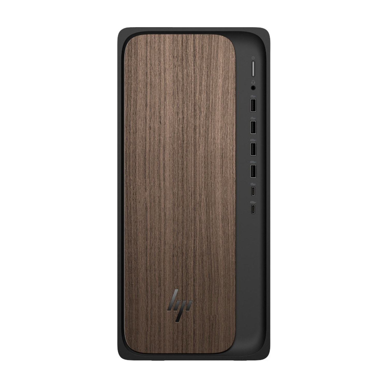 Torre PC nera con pannello frontale effetto legno e logo HP argentato.