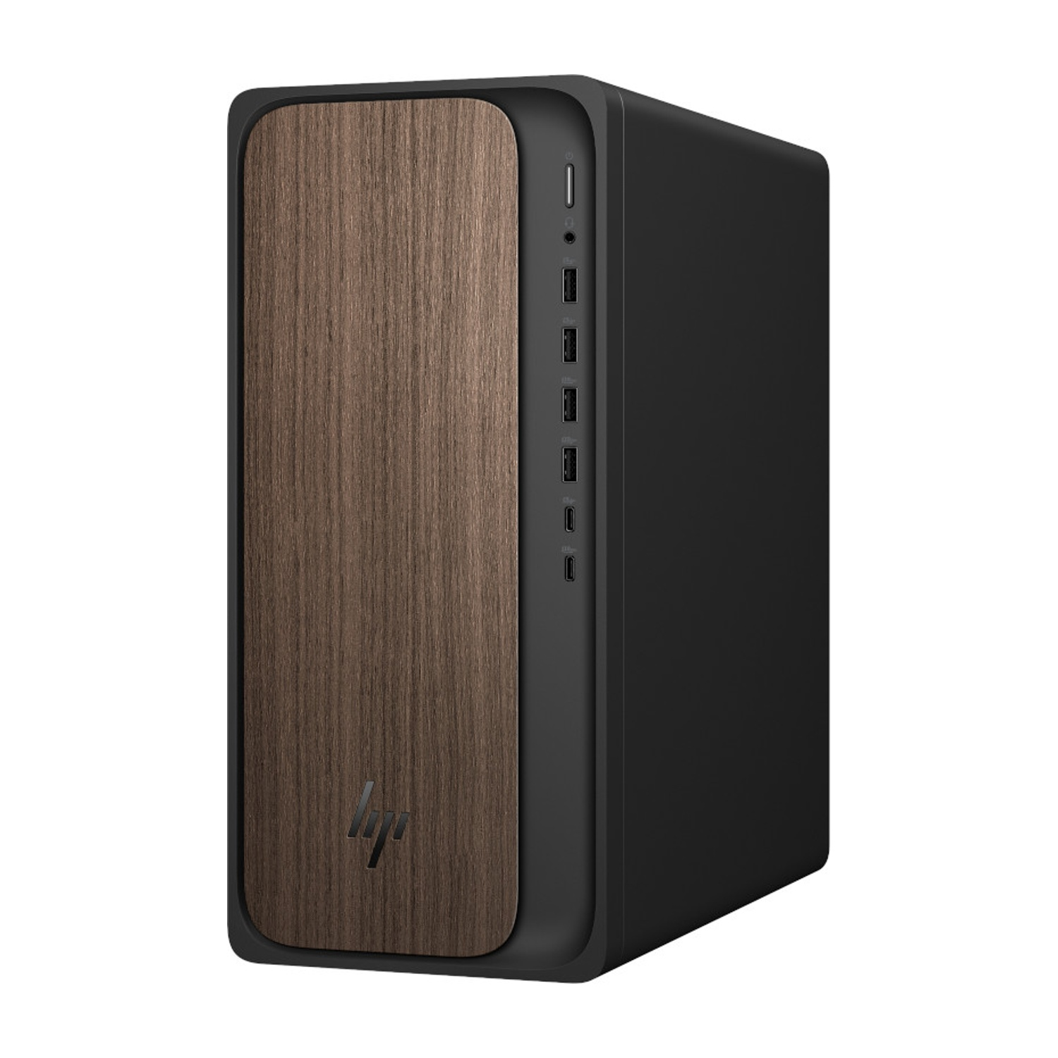 Un computer desktop nero con pannello frontale effetto legno e porte USB.