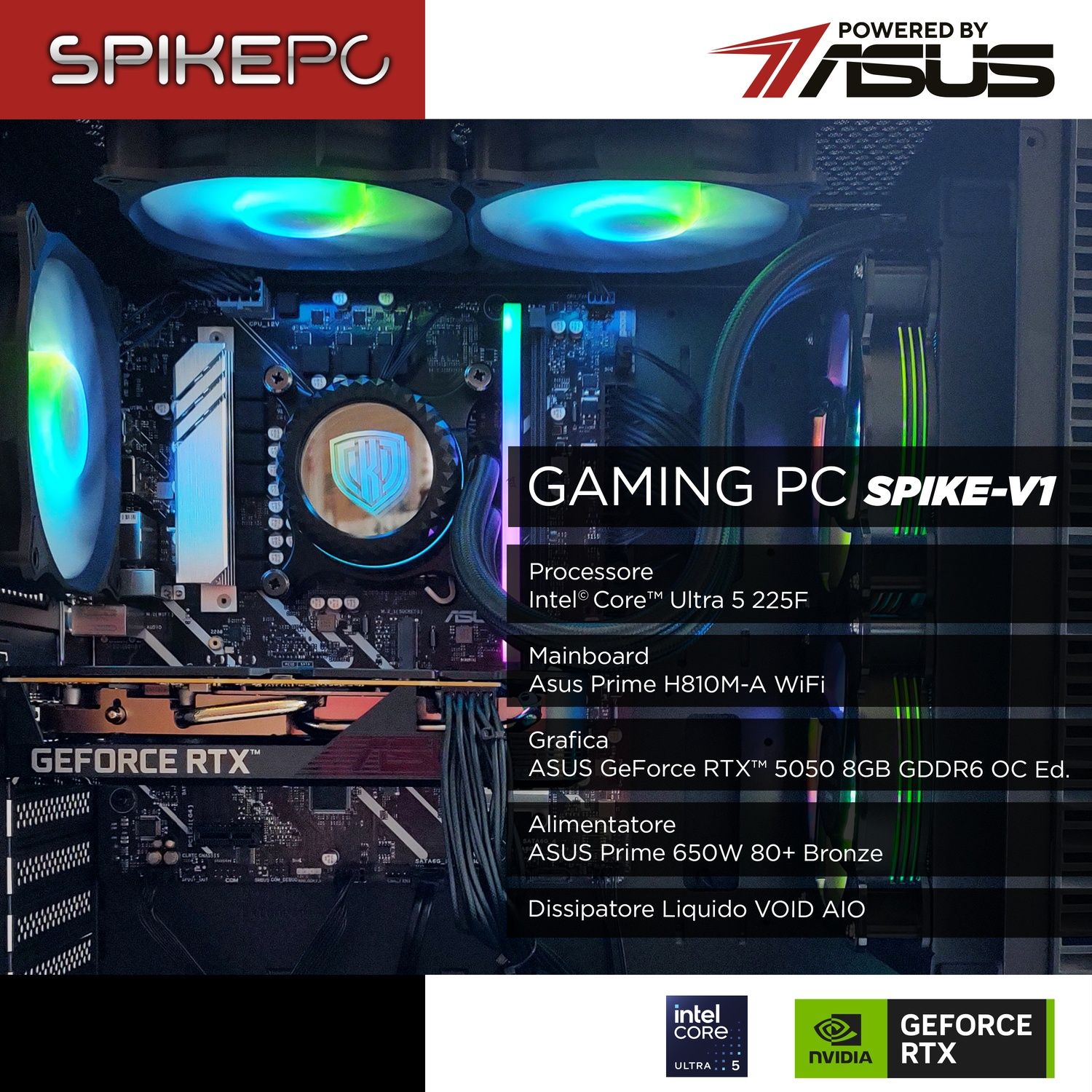 Un PC da gaming con illuminazione RGB, Intel Core Ultra 5, RTX 5050 e componenti ASUS.