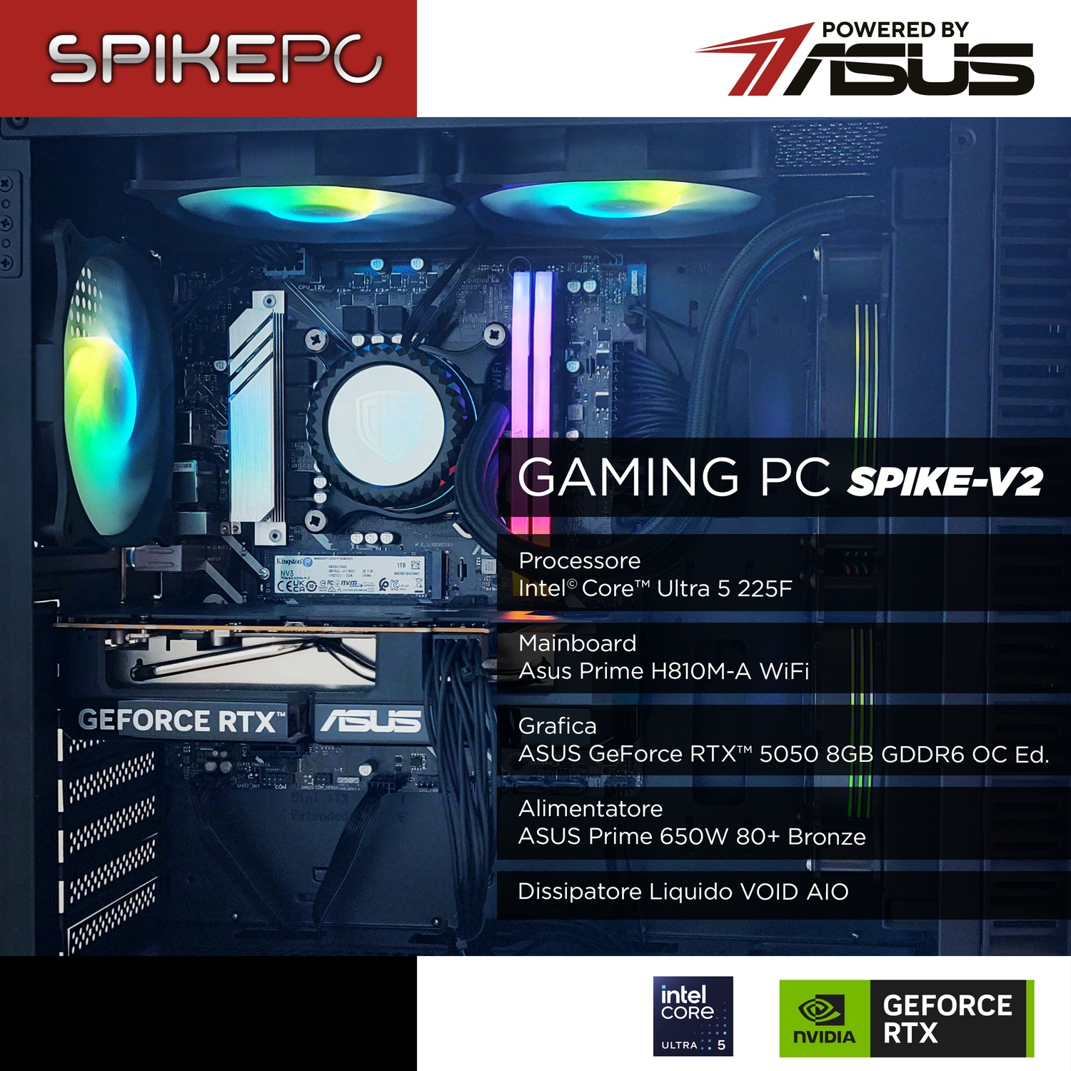 Un PC da gaming con ventole RGB, Intel Core Ultra 5 e scheda grafica ASUS RTX 5050.