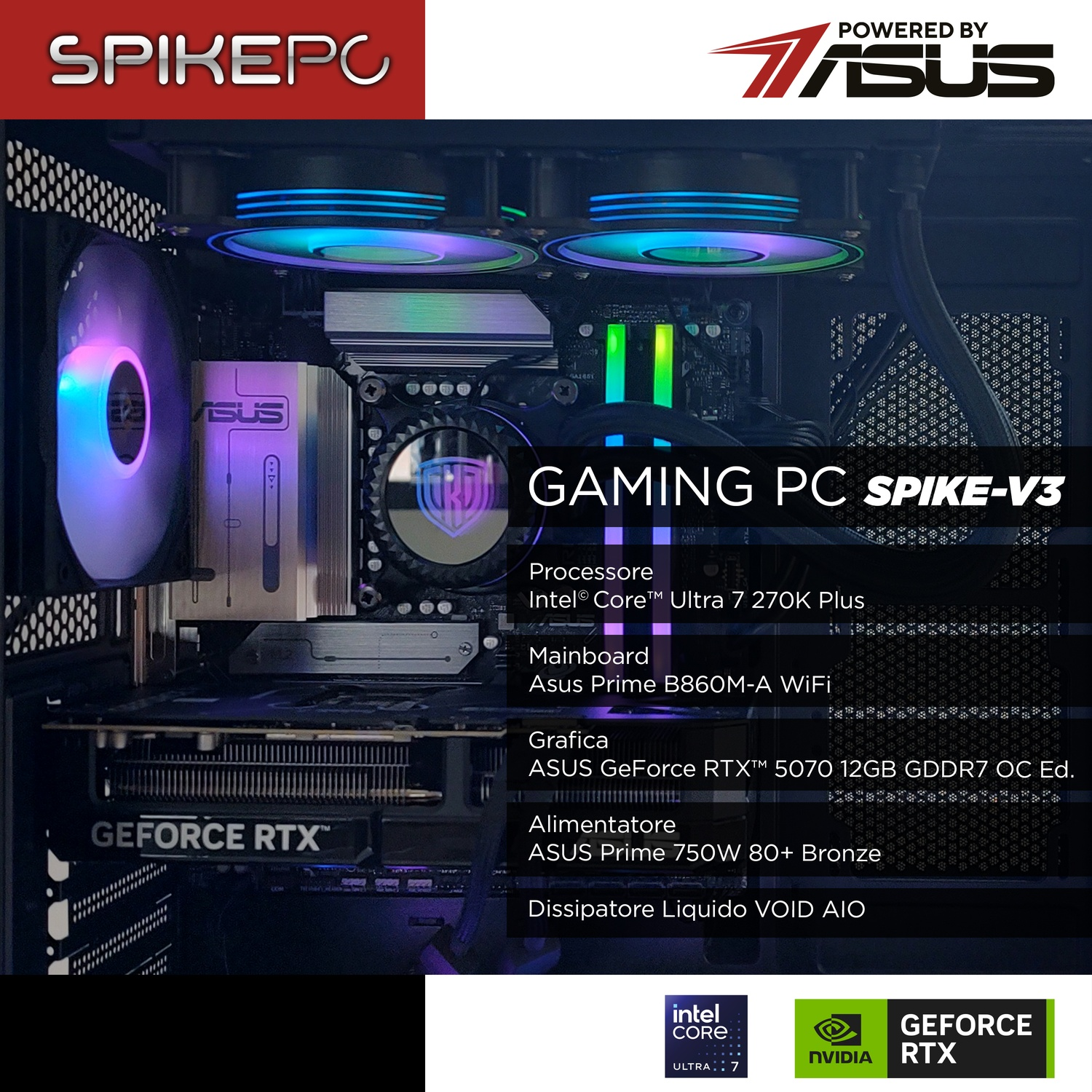 Un PC da gaming con ventole RGB, scheda madre ASUS, Intel Core Ultra 7 e RTX 5070.