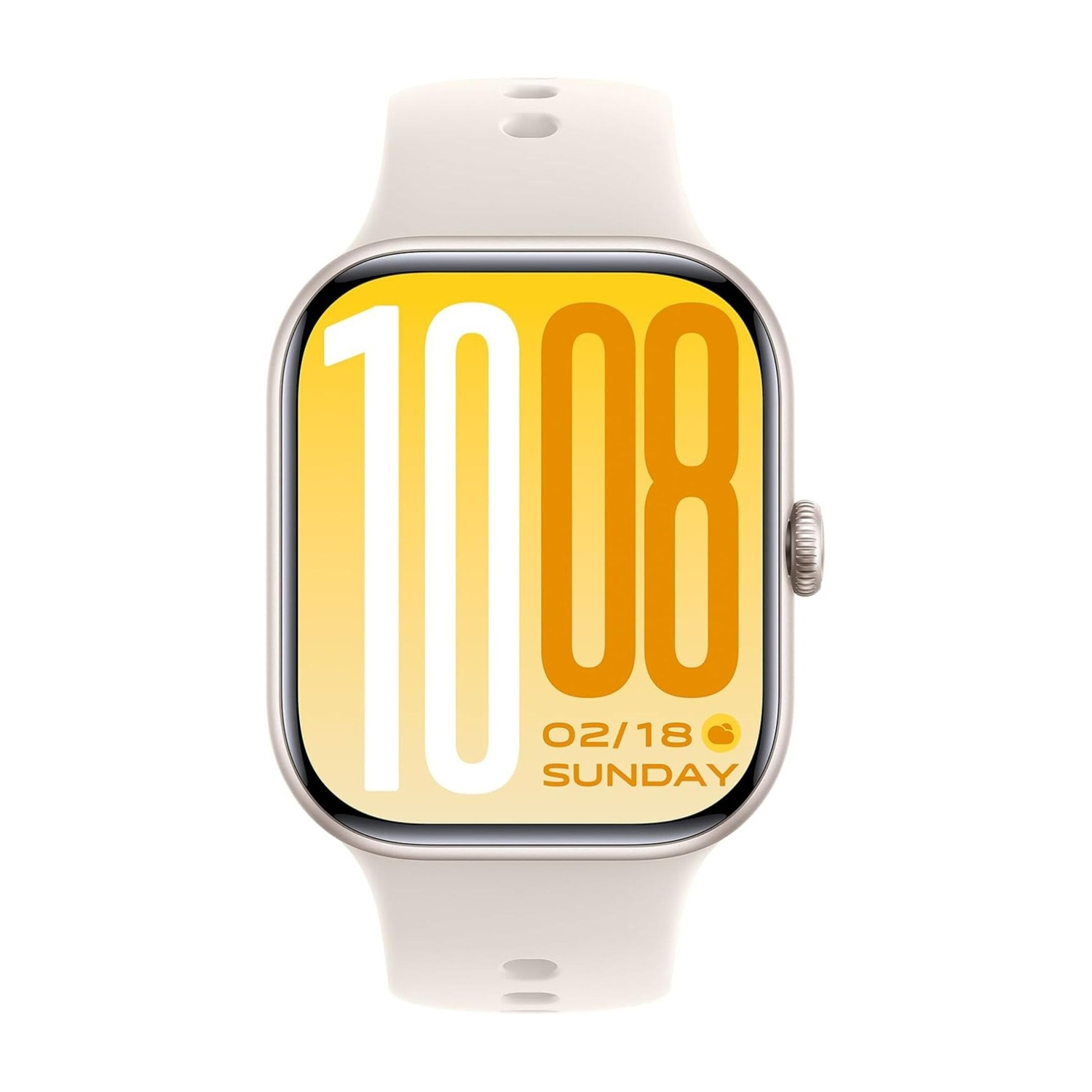Uno smartwatch di colore chiaro mostra le 10:08, 02/18 e domenica.