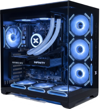 Ein beleuchteter Gaming-PC mit blauen Lichtern und sichtbaren Komponenten.