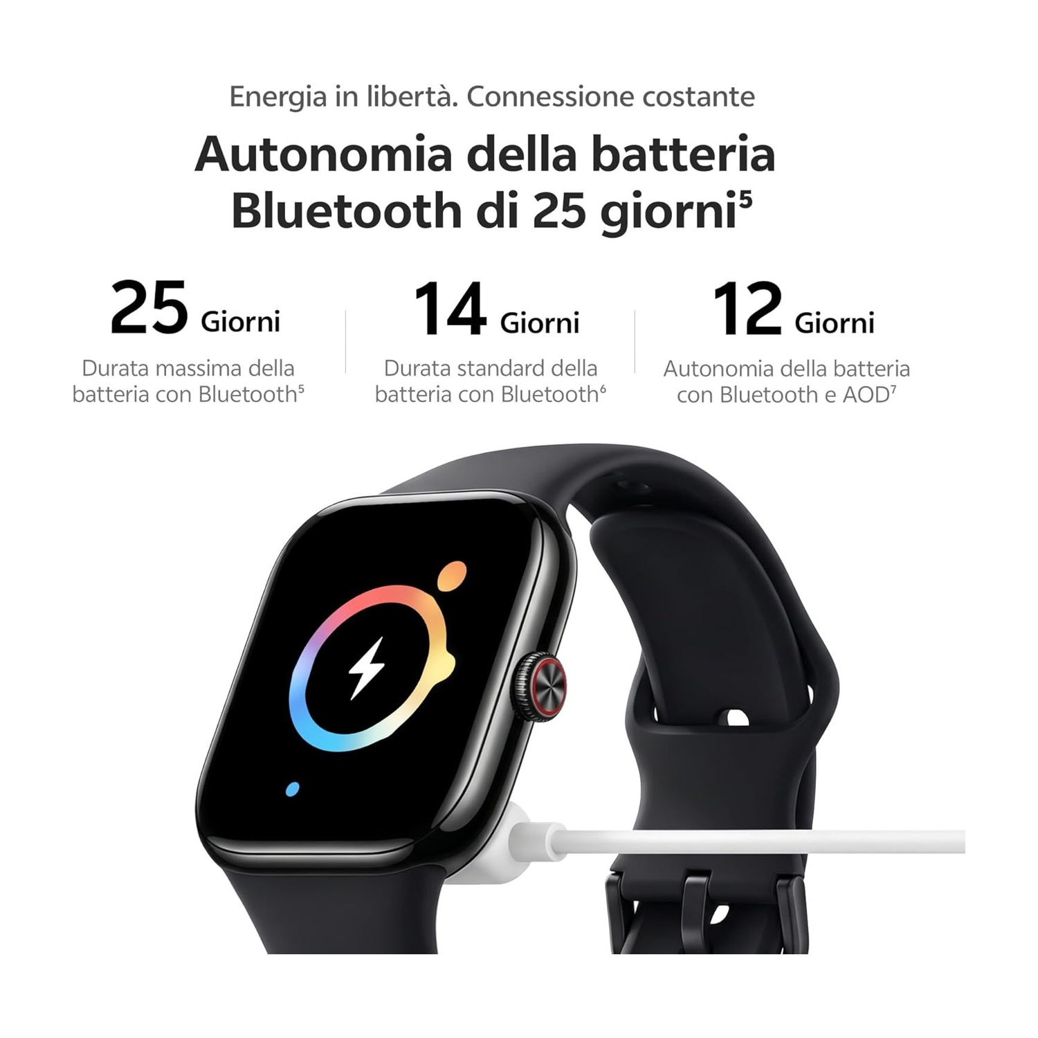 Viene mostrato uno smartwatch nero con un'icona colorata dell'indicatore di carica.