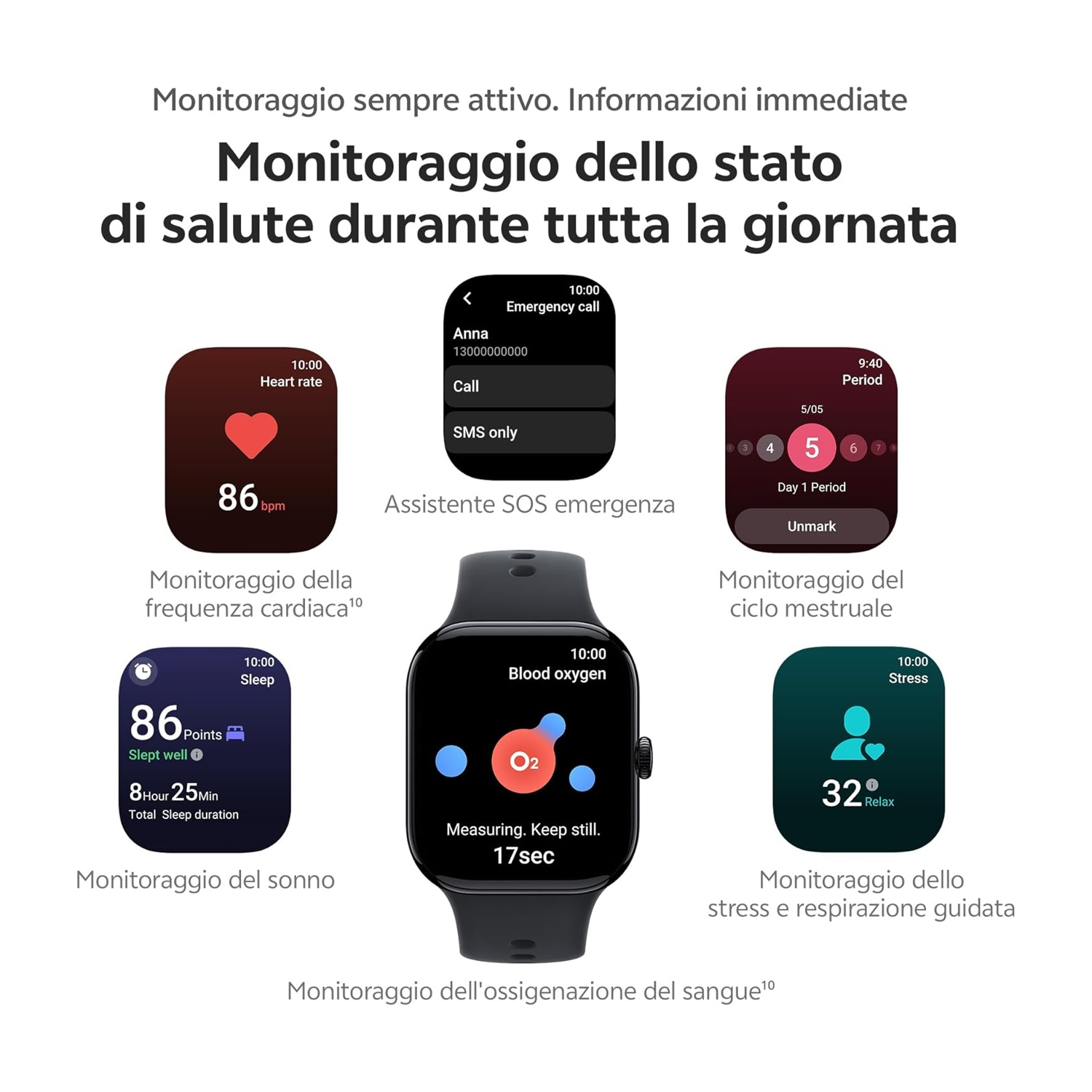 Uno smartwatch mostra monitoraggio battito, sonno, ossigeno, ciclo e stress.