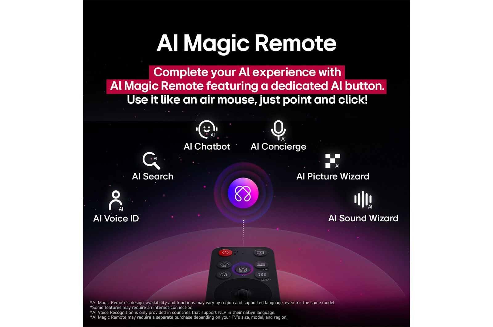 Egy fekete távirányító képernyő AI Magic Remote-ot mutat AI funkciókkal.