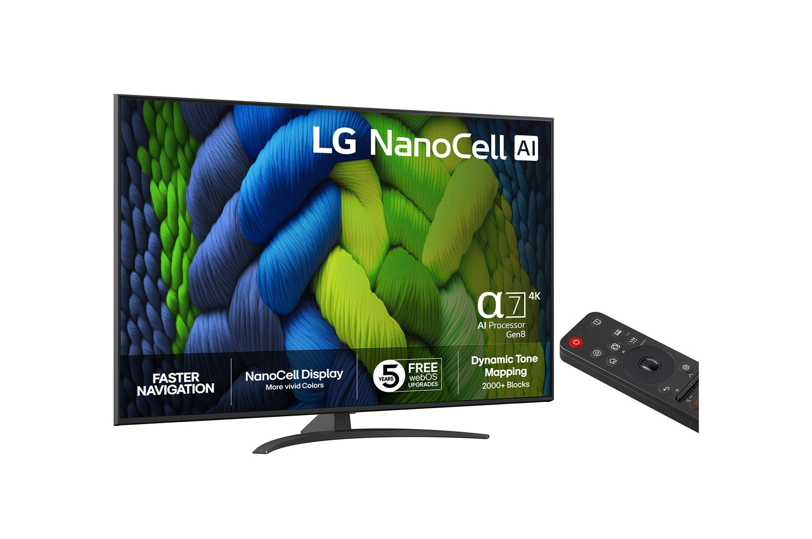 LG NanoCell TV távirányítóval, színes, szőtt mintát és szöveget mutat.