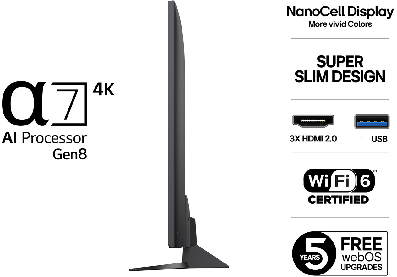 Egy vékony TV Alpha 7 Gen 8 processzorral, NanoCell kijelzővel, 3x HDMI 2.0, USB, Wi-Fi 6.