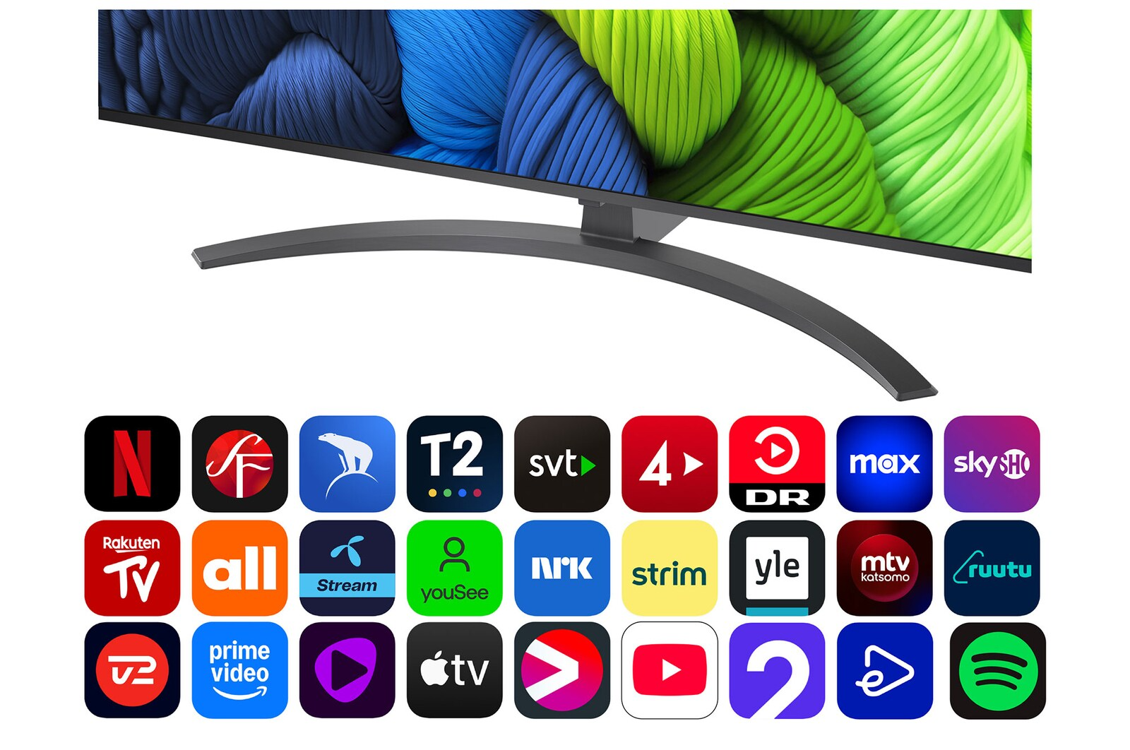 Egy TV-képernyő sok alkalmazásikonnal alatta.