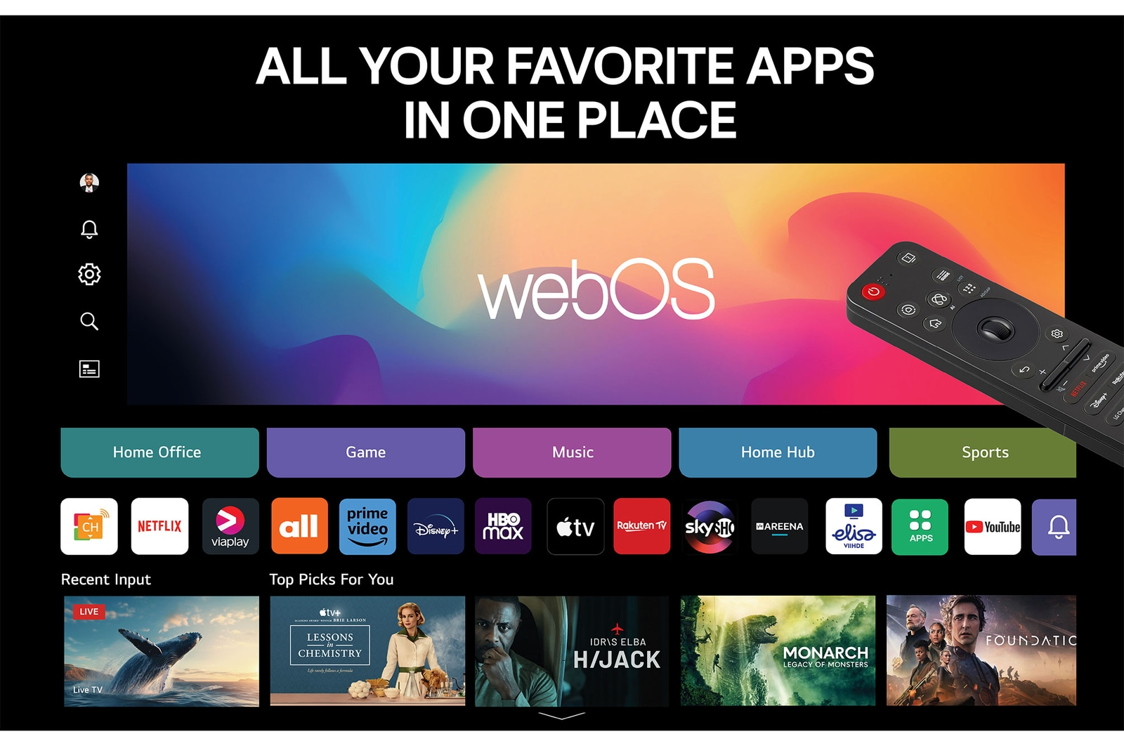 LG webOS Smart TV kezdőképernyő alkalmazásokkal, távirányítóval és címekkel.